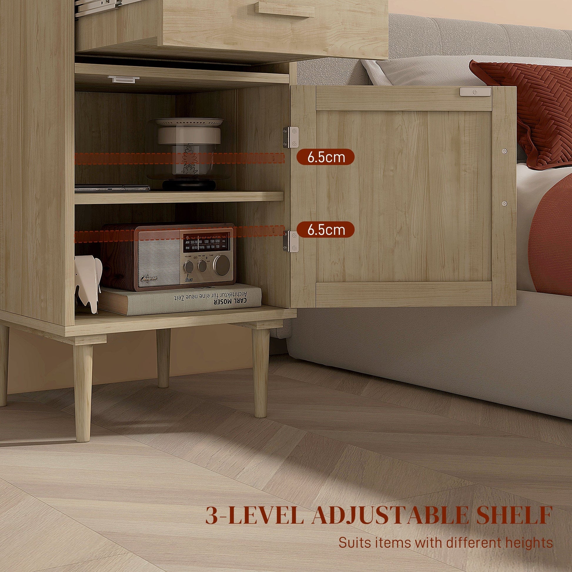 HOMCOM Bedside Tables Set of 2, Rattan Side Tables with Drawer, Cabinet and Adjustable Shelf, Boho Bedside Cabinets with Storage for Bedroom, Living Room, Natural Wood Finish | Luxury Home Accessories | Heulog Glow