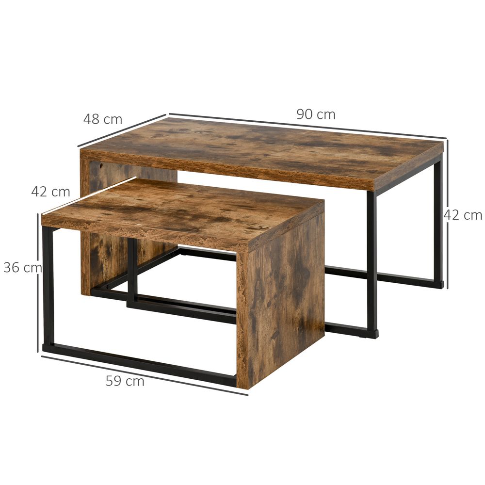 HOMCOM Coffee Tables Nesting Table Set of 2 Side Table w/Metal Frame for Living Room Bedroom Black & Brown | Luxury Home Accessories | Heulog Glow