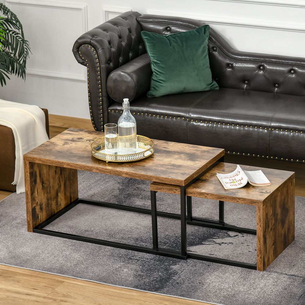 HOMCOM Coffee Tables Nesting Table Set of 2 Side Table w/Metal Frame for Living Room Bedroom Black & Brown | Luxury Home Accessories | Heulog Glow