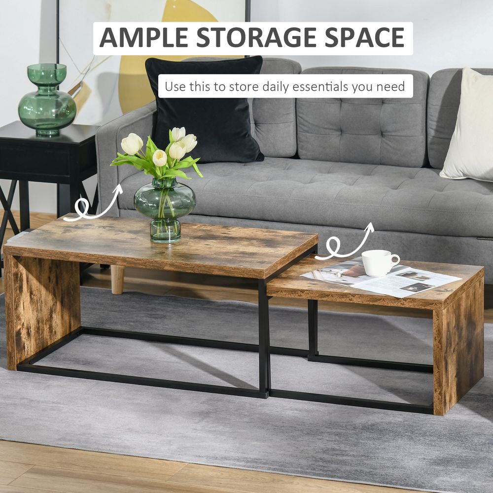 HOMCOM Coffee Tables Nesting Table Set of 2 Side Table w/Metal Frame for Living Room Bedroom Black & Brown | Luxury Home Accessories | Heulog Glow