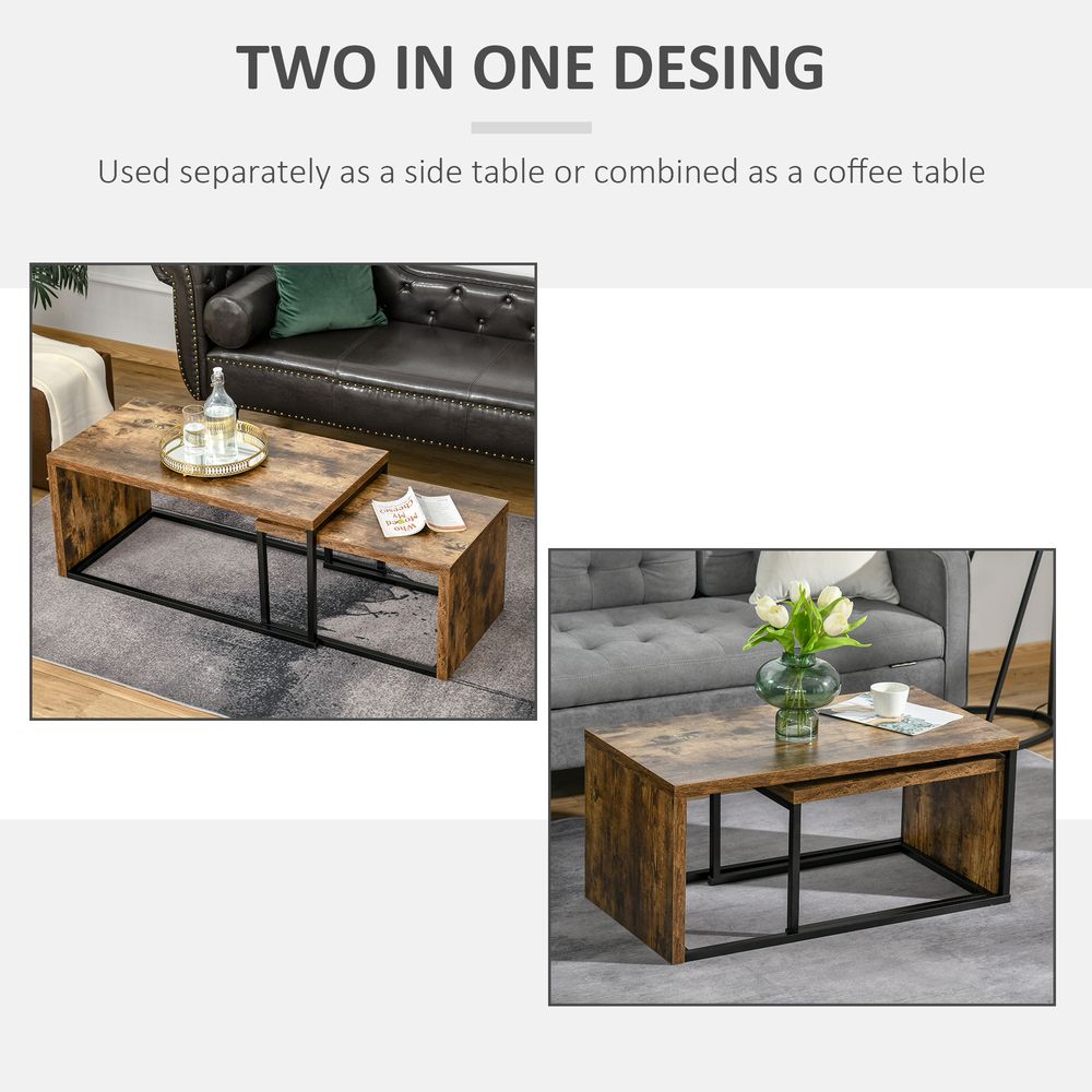 HOMCOM Coffee Tables Nesting Table Set of 2 Side Table w/Metal Frame for Living Room Bedroom Black & Brown | Luxury Home Accessories | Heulog Glow