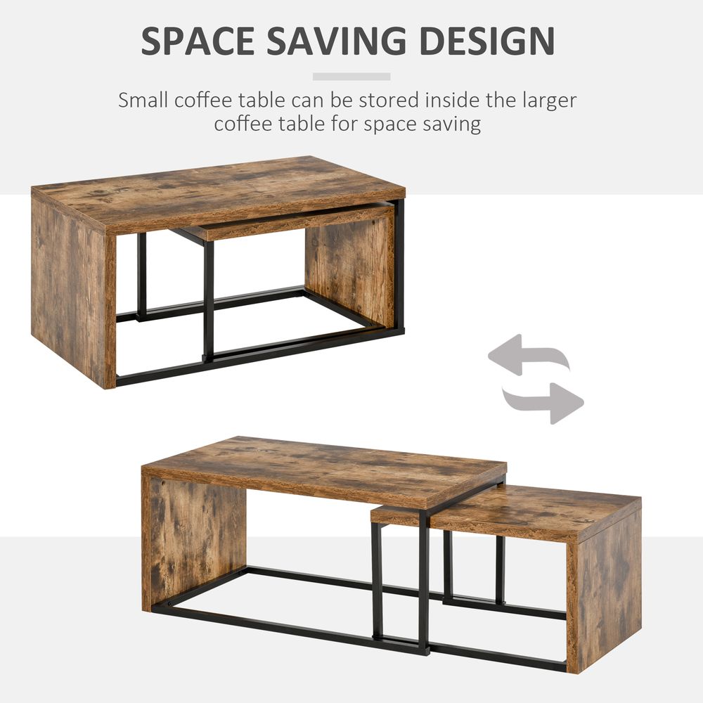 HOMCOM Coffee Tables Nesting Table Set of 2 Side Table w/Metal Frame for Living Room Bedroom Black & Brown | Luxury Home Accessories | Heulog Glow