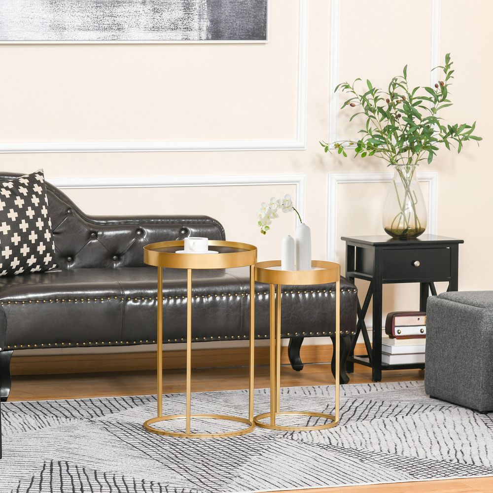 HOMCOM Coffee Tables Set of 2, Round Nest of Tables with Tray Top and Steel Frame for Living Room, Bedroom, Gold Tone | Luxury Home Accessories | Heulog Glow