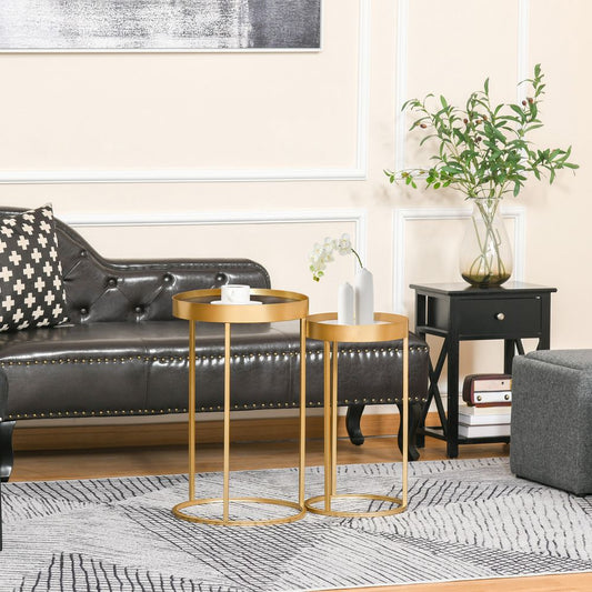 HOMCOM Coffee Tables Set of 2, Round Nest of Tables with Tray Top and Steel Frame for Living Room, Bedroom, Gold Tone | Luxury Home Accessories | Heulog Glow