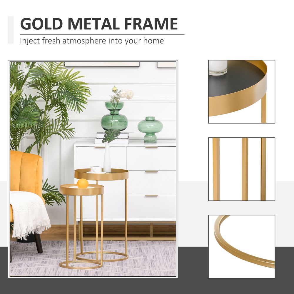 HOMCOM Coffee Tables Set of 2, Round Nest of Tables with Tray Top and Steel Frame for Living Room, Bedroom, Gold Tone | Luxury Home Accessories | Heulog Glow
