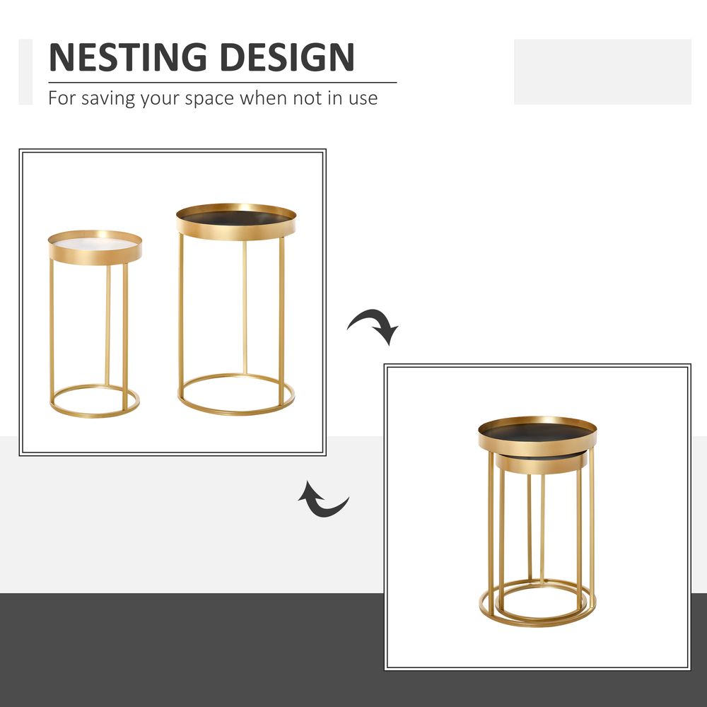 HOMCOM Coffee Tables Set of 2, Round Nest of Tables with Tray Top and Steel Frame for Living Room, Bedroom, Gold Tone | Luxury Home Accessories | Heulog Glow
