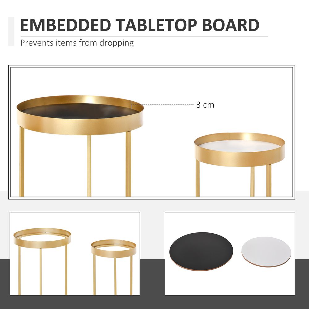 HOMCOM Coffee Tables Set of 2, Round Nest of Tables with Tray Top and Steel Frame for Living Room, Bedroom, Gold Tone | Luxury Home Accessories | Heulog Glow