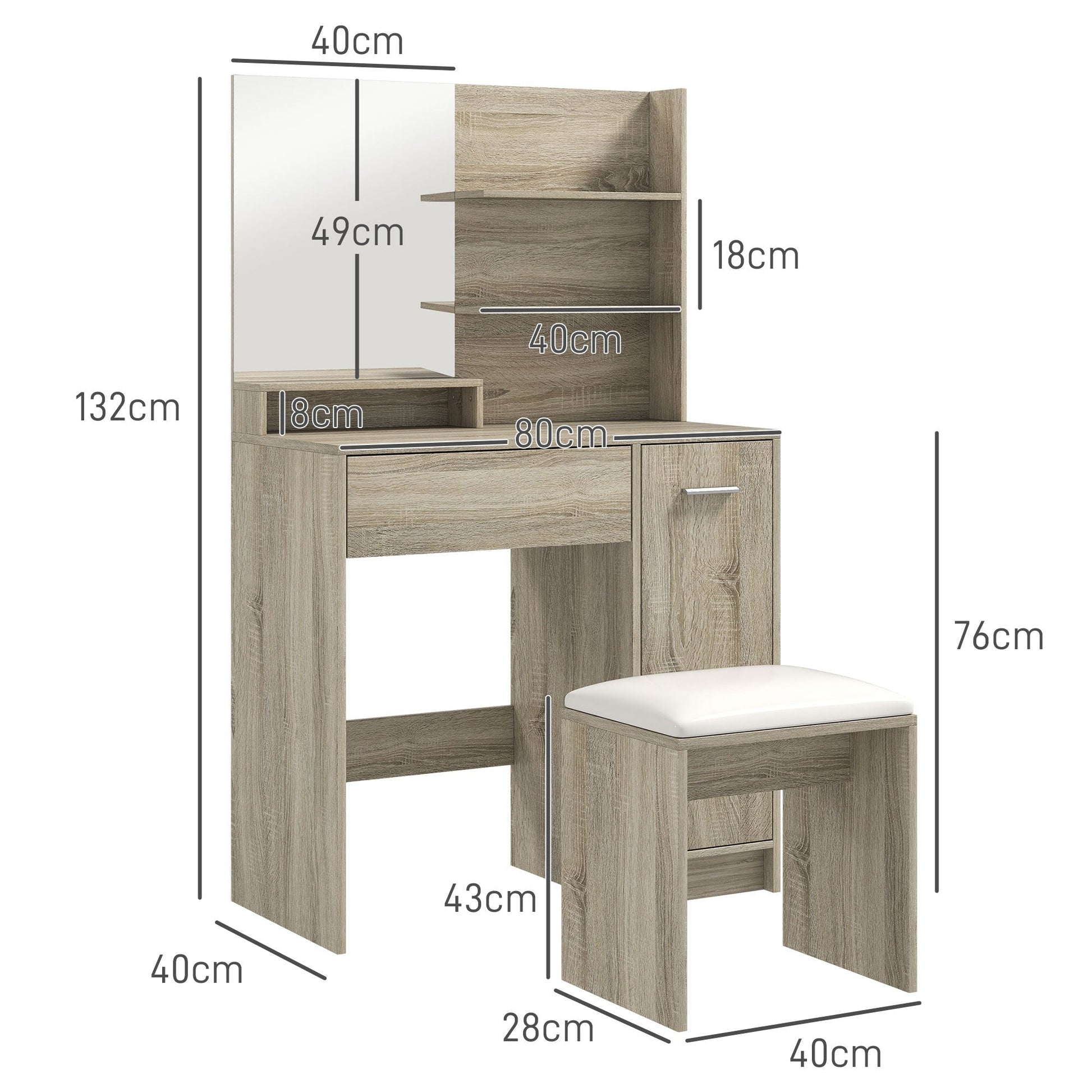 HOMCOM Dressing Table and Stool Set, with Storage - Natural Wood Finish | Luxury Home Accessories | Heulog Glow