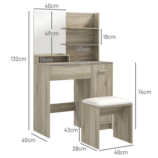 HOMCOM Dressing Table and Stool Set, with Storage - Natural Wood Finish | Luxury Home Accessories | Heulog Glow