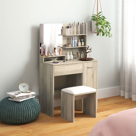HOMCOM Dressing Table and Stool Set, with Storage - Natural Wood Finish | Luxury Home Accessories | Heulog Glow
