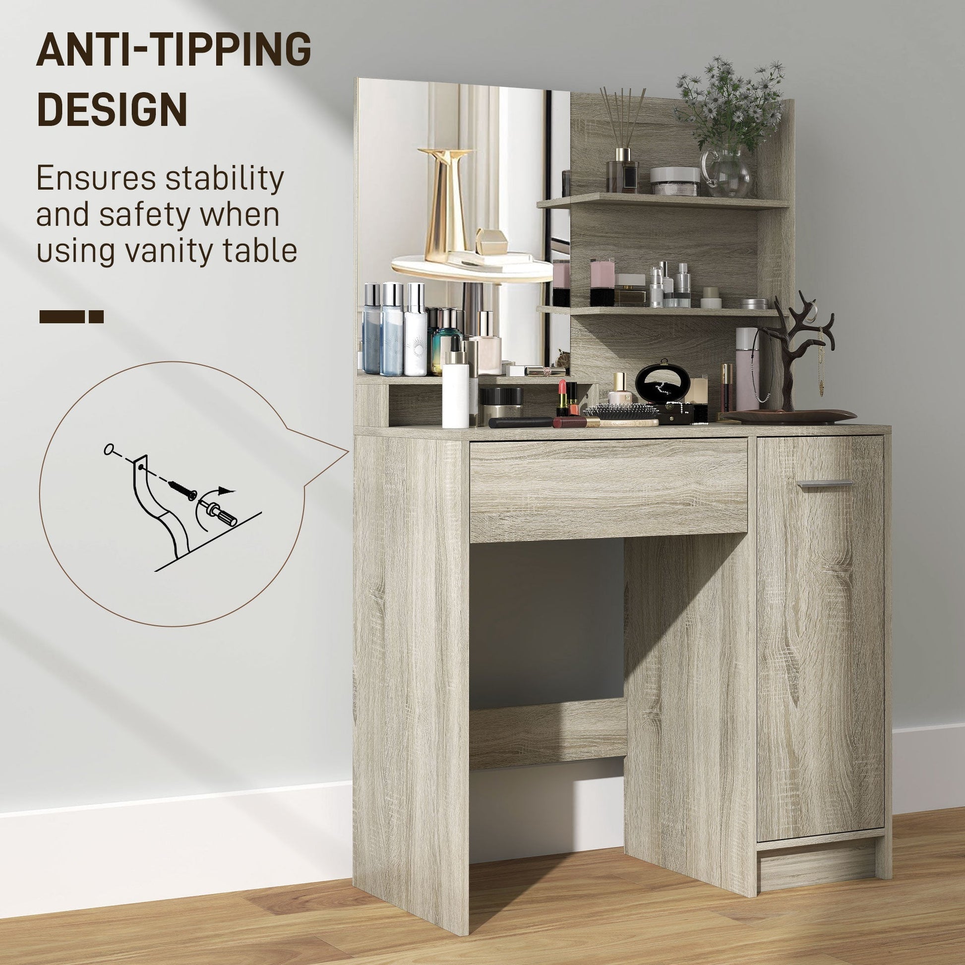 HOMCOM Dressing Table and Stool Set, with Storage - Natural Wood Finish | Luxury Home Accessories | Heulog Glow