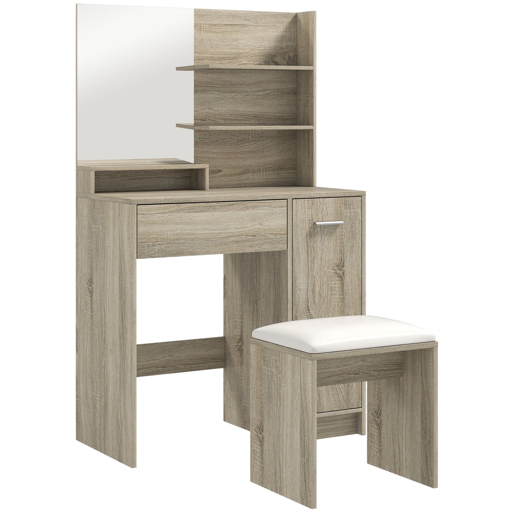 HOMCOM Dressing Table and Stool Set, with Storage - Natural Wood Finish | Luxury Home Accessories | Heulog Glow