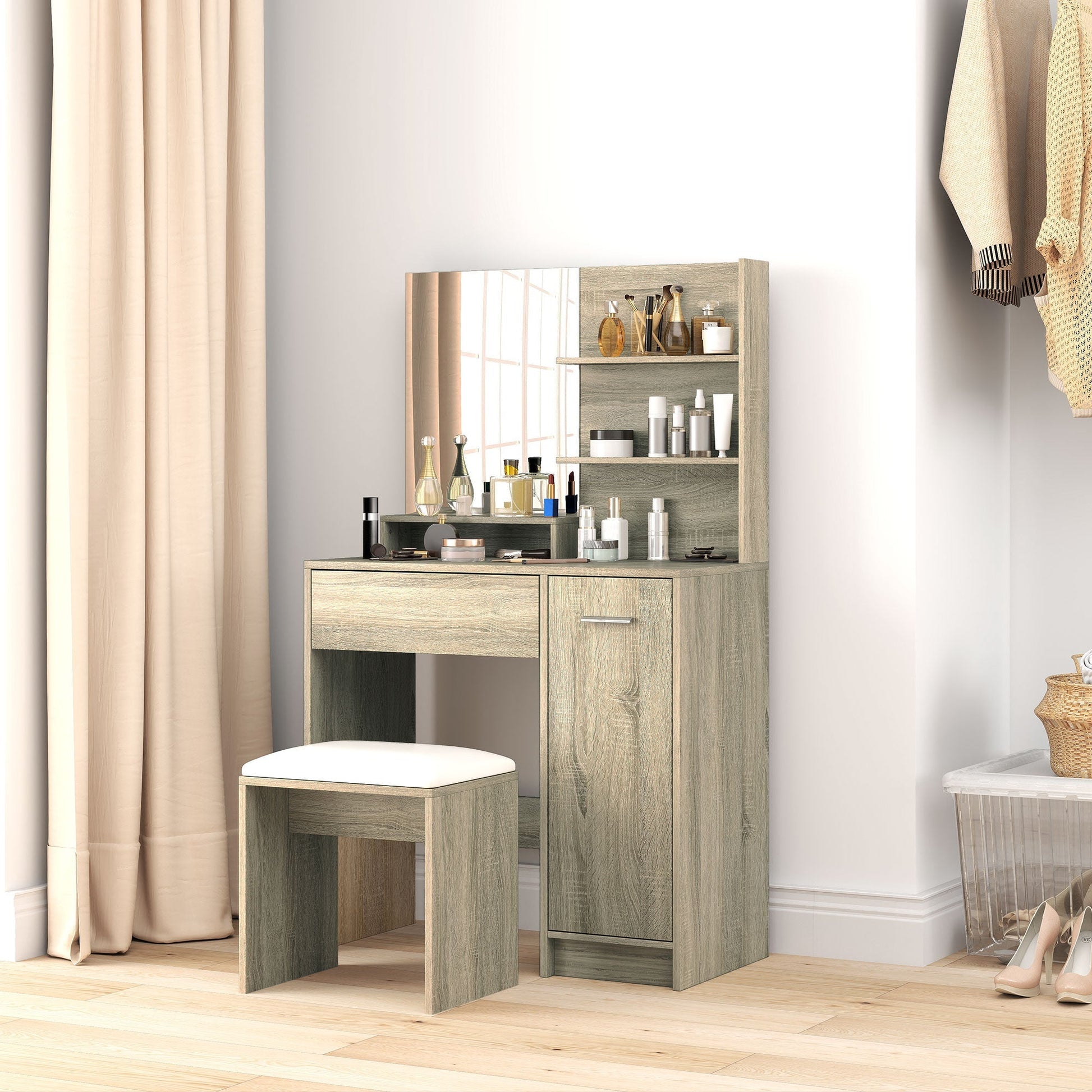 HOMCOM Dressing Table and Stool Set, with Storage - Natural Wood Finish | Luxury Home Accessories | Heulog Glow