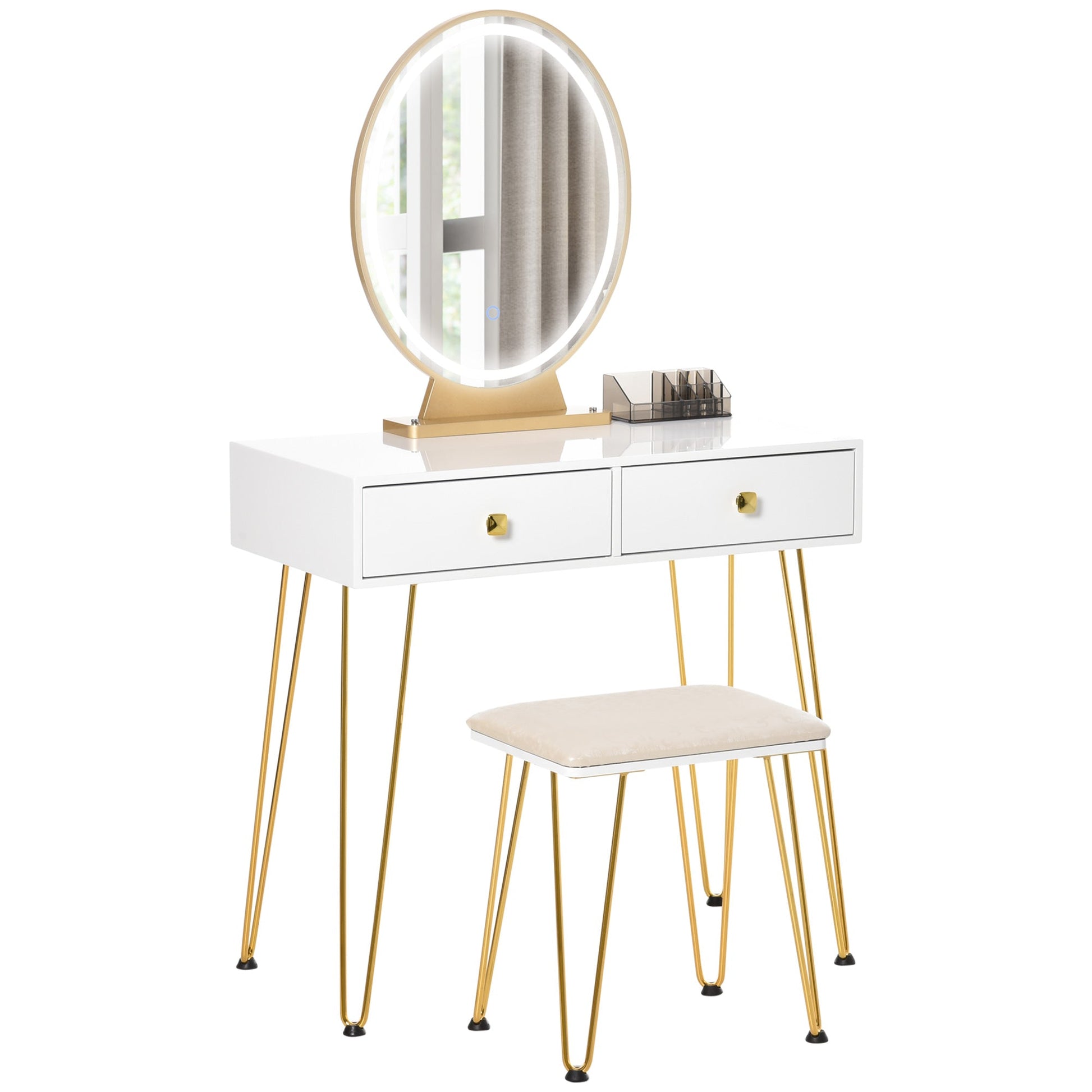 HOMCOM Dressing Table Set with LED Light, Round Mirror, Vanity Makeup Table with 2 Drawers and Cushioned Stool for Bedroom, White | Luxury Home Accessories | Heulog Glow