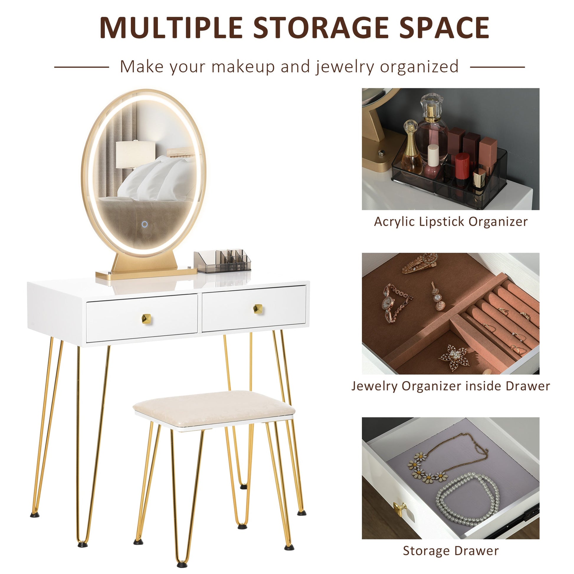 HOMCOM Dressing Table Set with LED Light, Round Mirror, Vanity Makeup Table with 2 Drawers and Cushioned Stool for Bedroom, White | Luxury Home Accessories | Heulog Glow