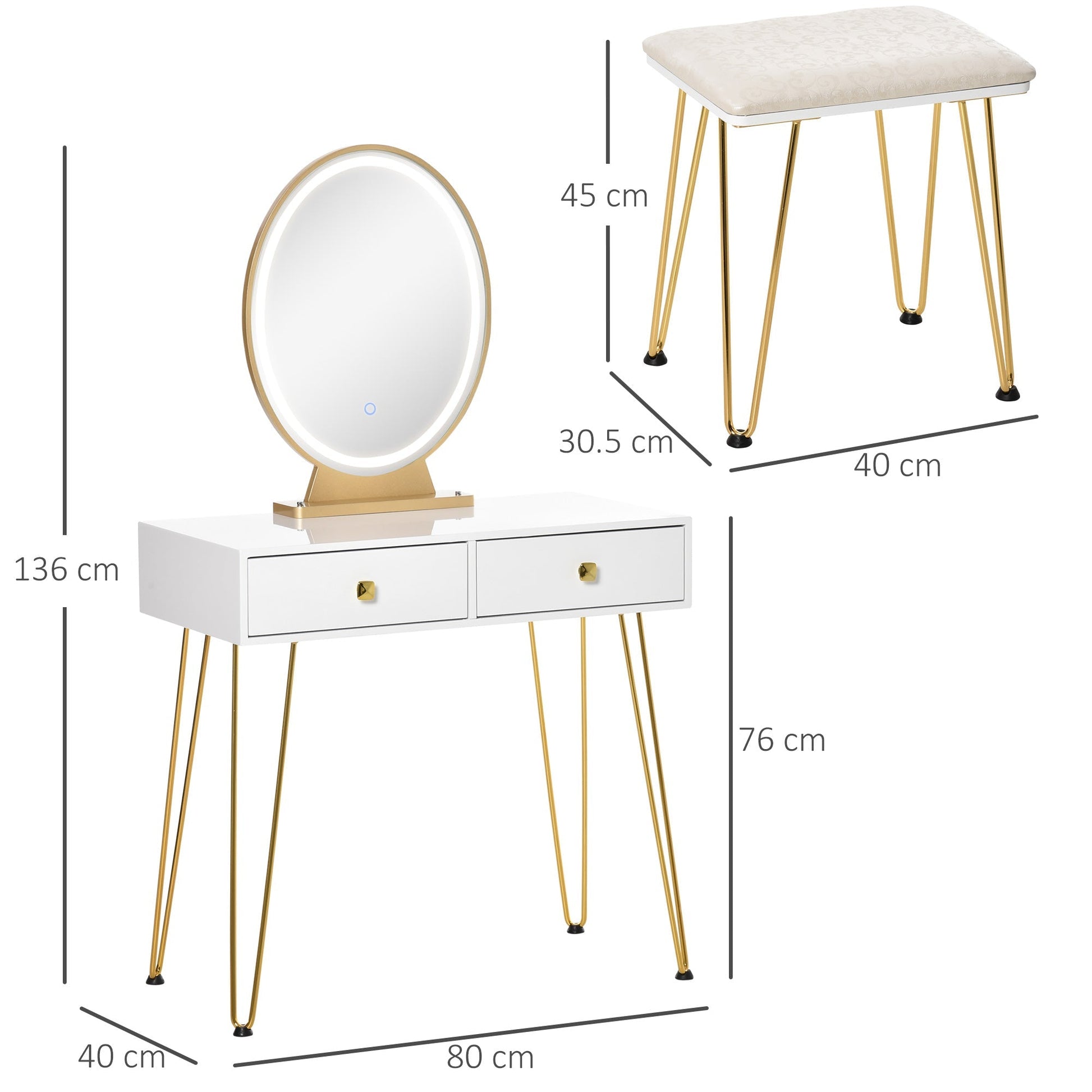 HOMCOM Dressing Table Set with LED Light, Round Mirror, Vanity Makeup Table with 2 Drawers and Cushioned Stool for Bedroom, White | Luxury Home Accessories | Heulog Glow