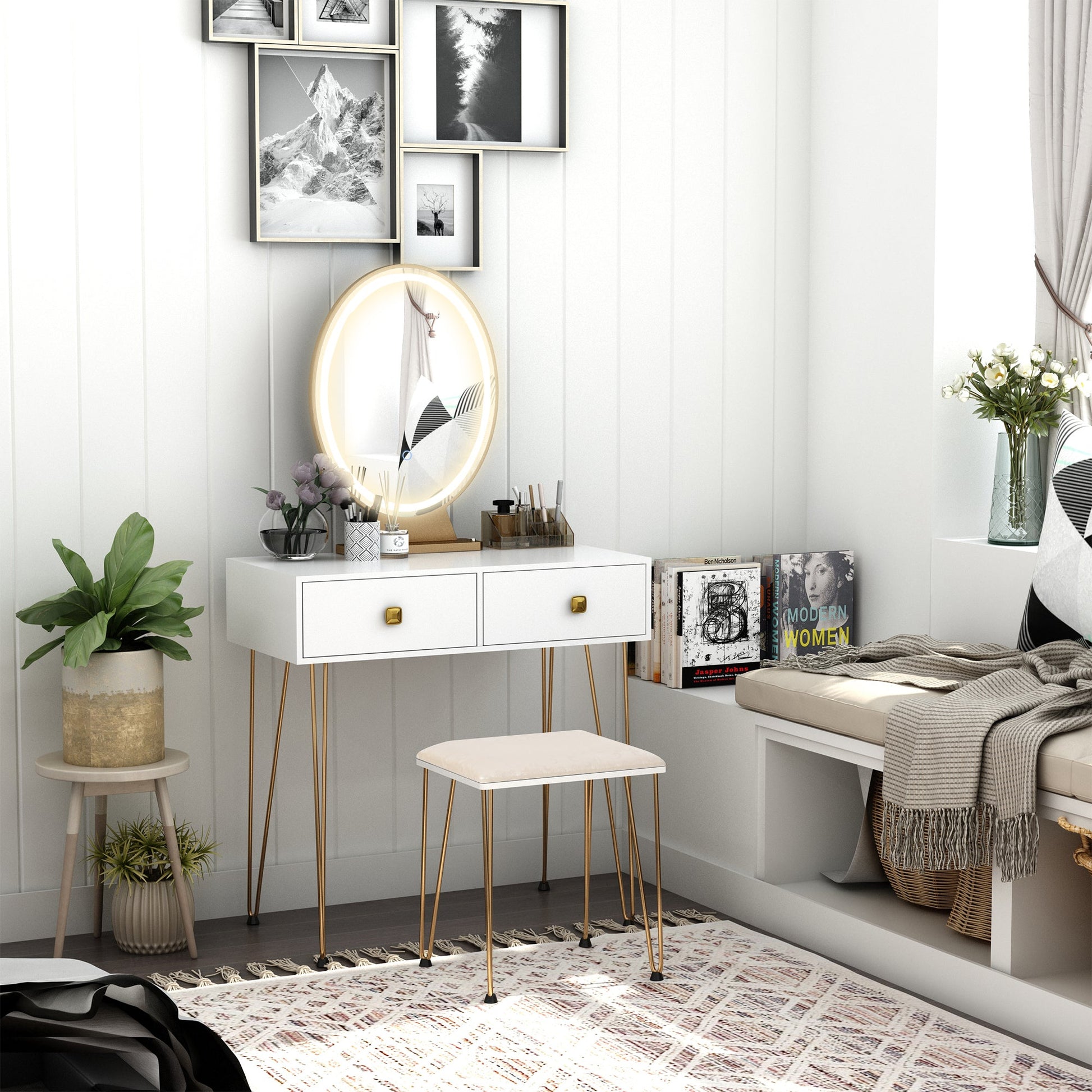 HOMCOM Dressing Table Set with LED Light, Round Mirror, Vanity Makeup Table with 2 Drawers and Cushioned Stool for Bedroom, White | Luxury Home Accessories | Heulog Glow