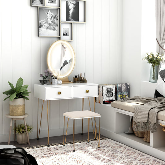 HOMCOM Dressing Table Set with LED Light, Round Mirror, Vanity Makeup Table with 2 Drawers and Cushioned Stool for Bedroom, White | Luxury Home Accessories | Heulog Glow
