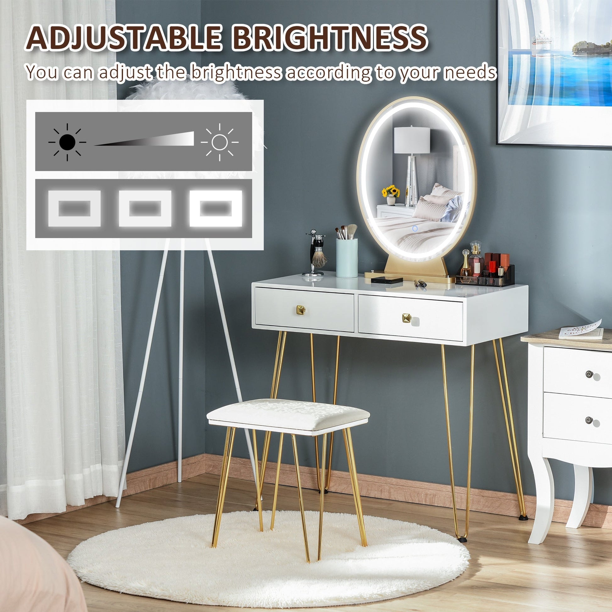 HOMCOM Dressing Table Set with LED Light, Round Mirror, Vanity Makeup Table with 2 Drawers and Cushioned Stool for Bedroom, White | Luxury Home Accessories | Heulog Glow