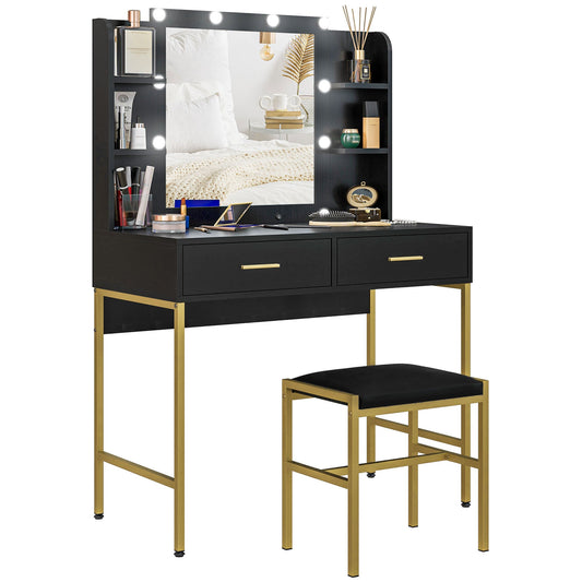 HOMCOM Dressing Table Set, with Storage and Stool - Black | Luxury Home Accessories | Heulog Glow
