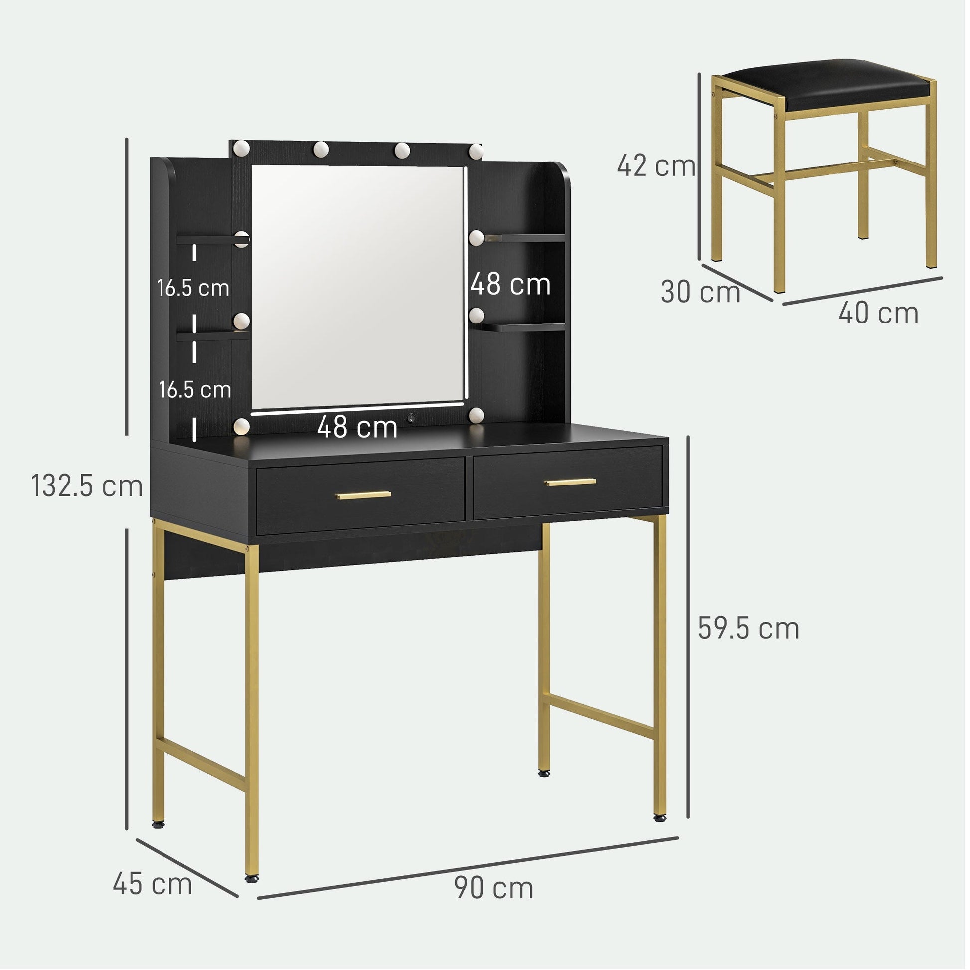 HOMCOM Dressing Table Set, with Storage and Stool - Black | Luxury Home Accessories | Heulog Glow