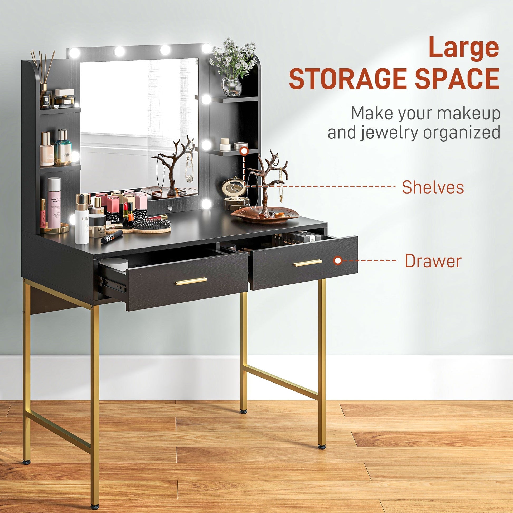 HOMCOM Dressing Table Set, with Storage and Stool - Black | Luxury Home Accessories | Heulog Glow