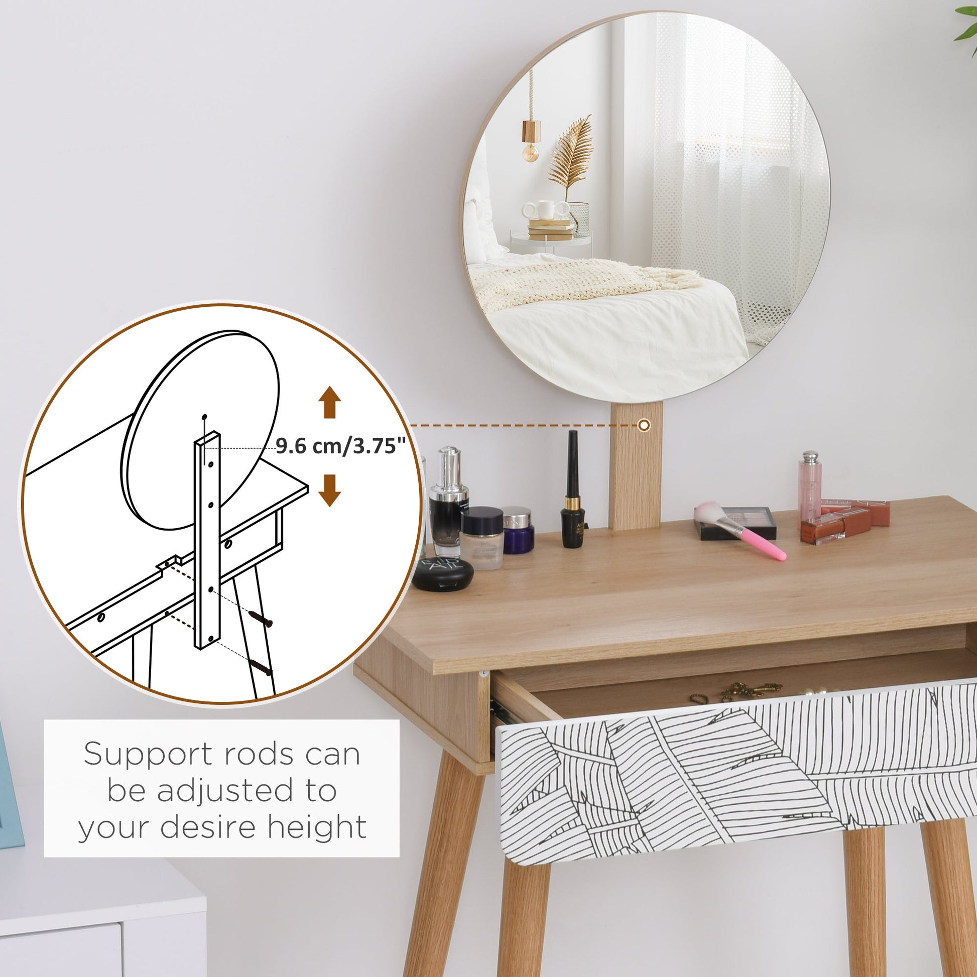 HOMCOM Dressing Table with Drawer and Mirror height adjustable Wooden Oak Color Bedroom Dressing Room Elegant and Durable | Luxury Home Accessories | Heulog Glow