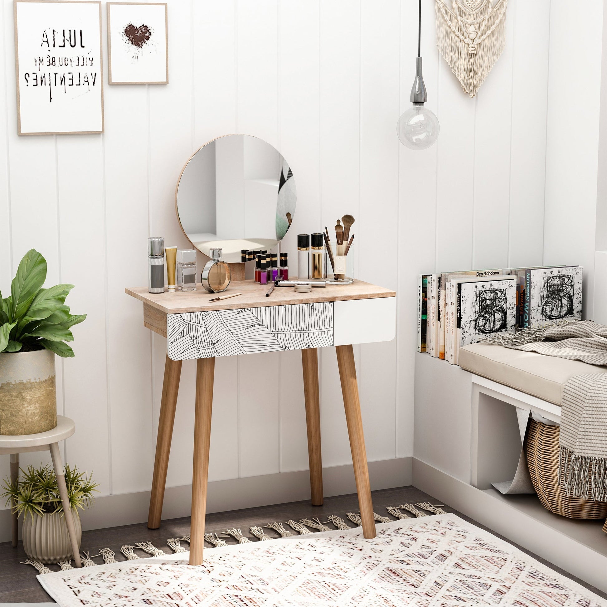 HOMCOM Dressing Table with Drawer and Mirror height adjustable Wooden Oak Color Bedroom Dressing Room Elegant and Durable | Luxury Home Accessories | Heulog Glow