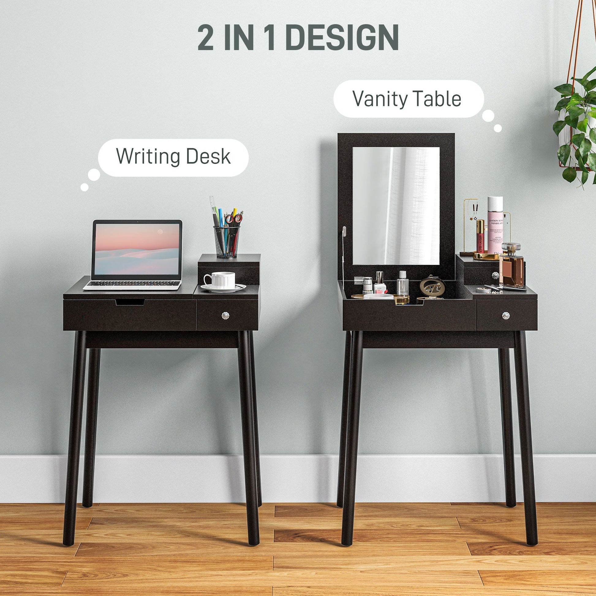 HOMCOM Dressing Table with Flip-up Mirror, Makeup Desk with 2 Drawers, Vanity Table Writing Desk for Bedroom Living Room, Black | Luxury Home Accessories | Heulog Glow