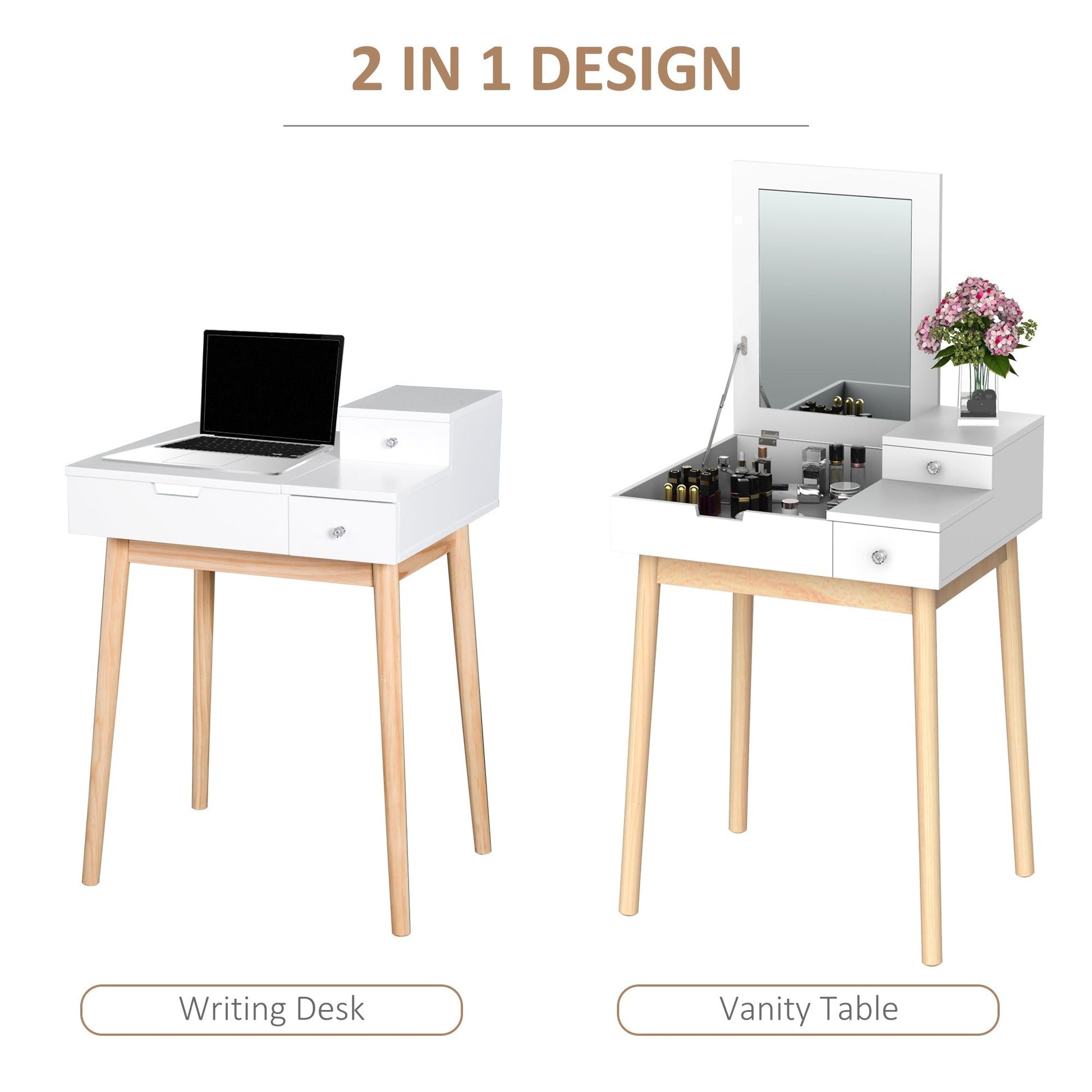 HOMCOM Dressing Table with Flip-up Mirror, Makeup Desk with 2 Drawers, Vanity Table Writing Desk for Bedroom Living Room, White | Luxury Home Accessories | Heulog Glow