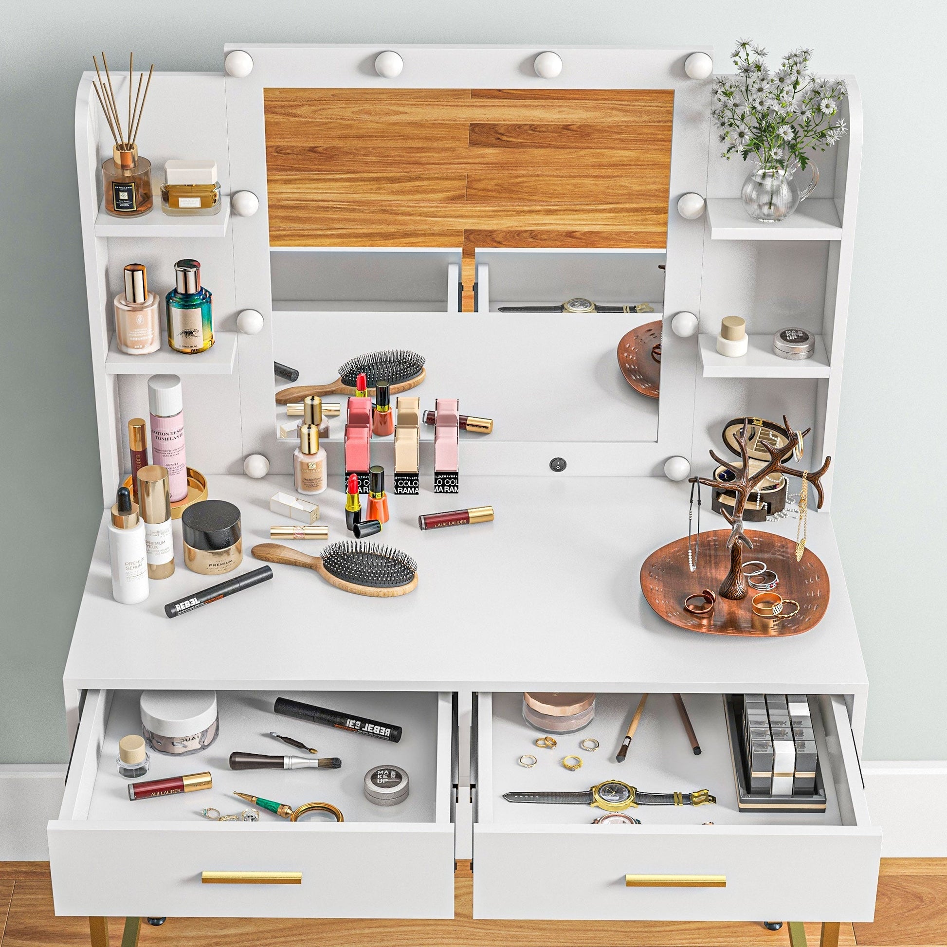 HOMCOM Dressing Table with Lighted Mirror, Cushioned Stool, Drawers, Shelves, LED Makeup Vanity Desk Set, Modern Dresser Vanity Table for Bedroom, White | Luxury Home Accessories | Heulog Glow
