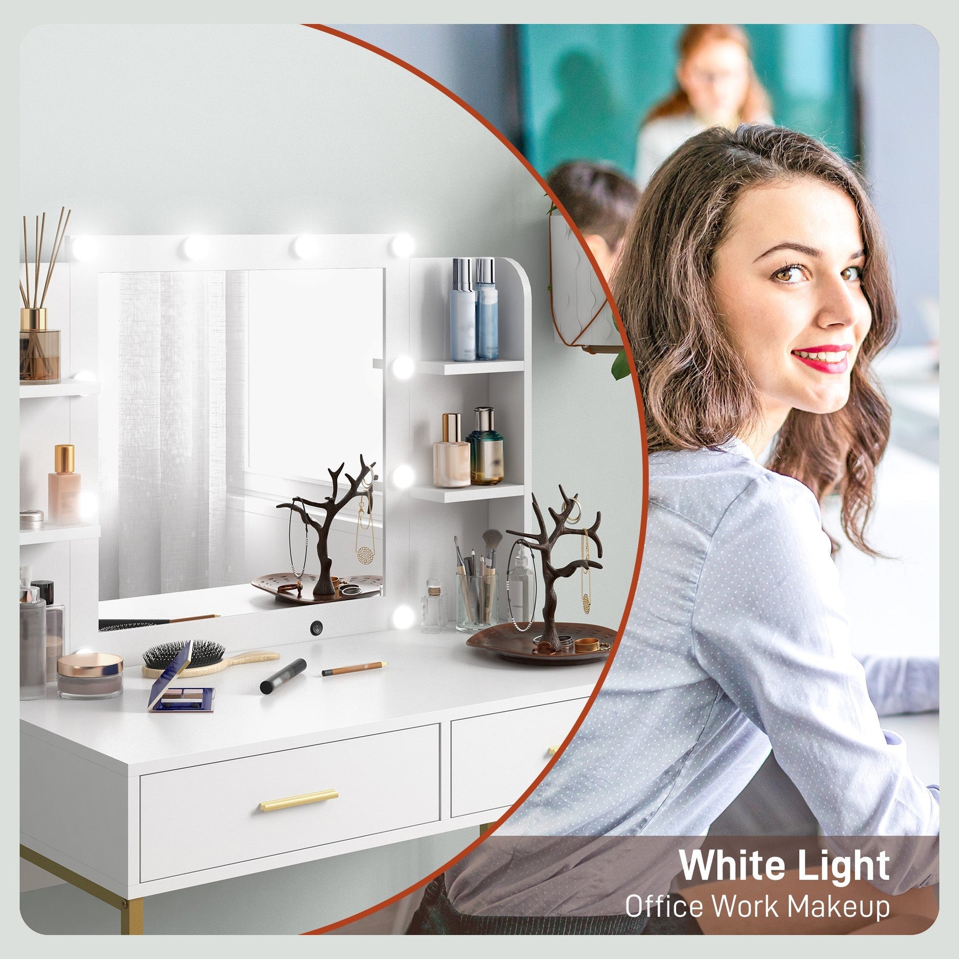 HOMCOM Dressing Table with Lighted Mirror, Cushioned Stool, Drawers, Shelves, LED Makeup Vanity Desk Set, Modern Dresser Vanity Table for Bedroom, White | Luxury Home Accessories | Heulog Glow
