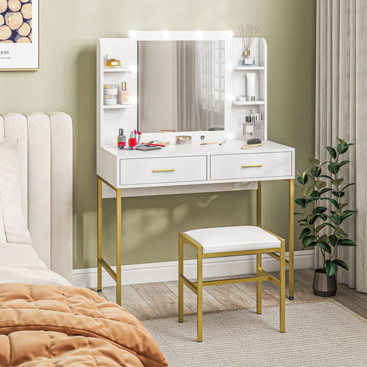HOMCOM Dressing Table with Lighted Mirror, Cushioned Stool, Drawers, Shelves, LED Makeup Vanity Desk Set, Modern Dresser Vanity Table for Bedroom, White | Luxury Home Accessories | Heulog Glow