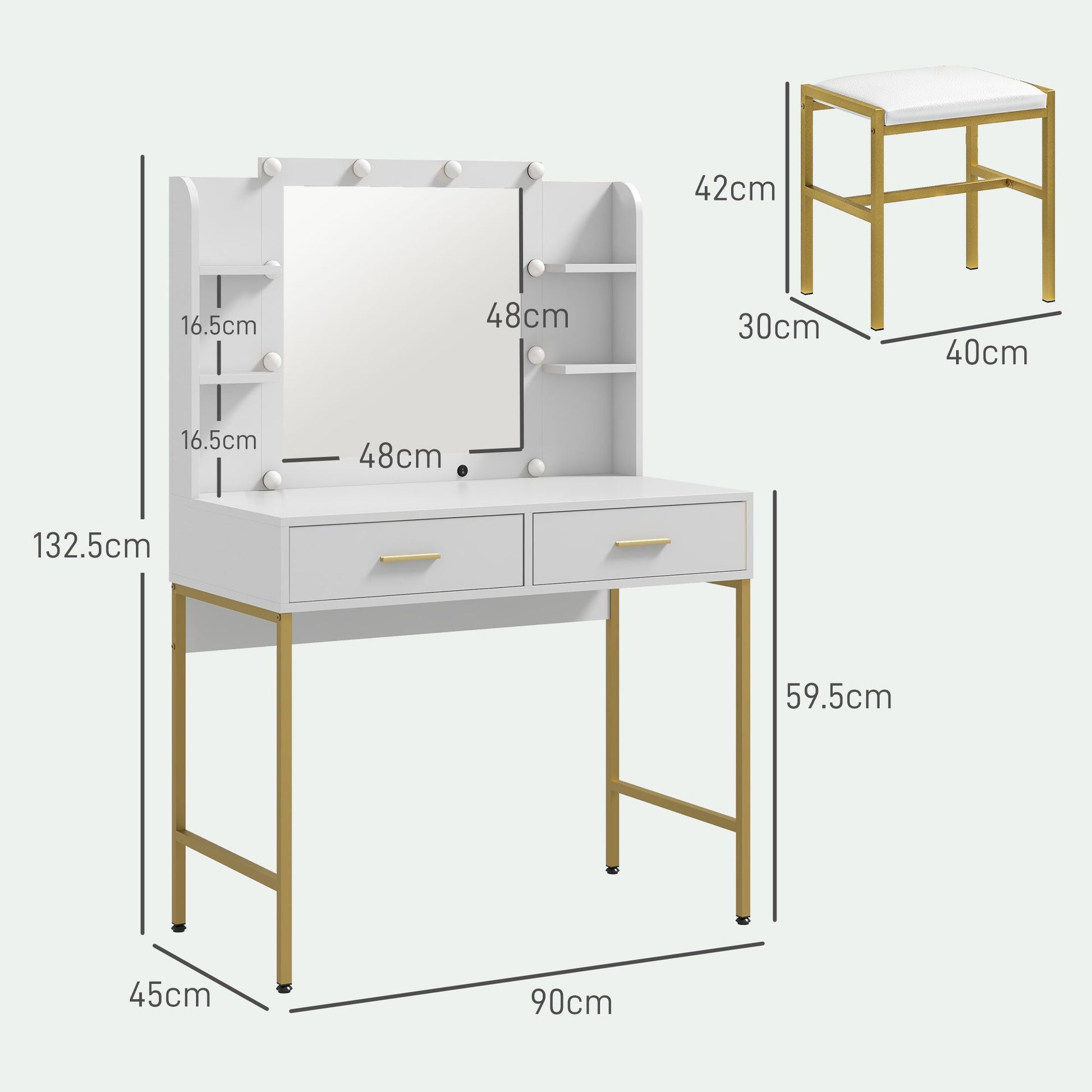 HOMCOM Dressing Table with Lighted Mirror, Cushioned Stool, Drawers, Shelves, LED Makeup Vanity Desk Set, Modern Dresser Vanity Table for Bedroom, White | Luxury Home Accessories | Heulog Glow