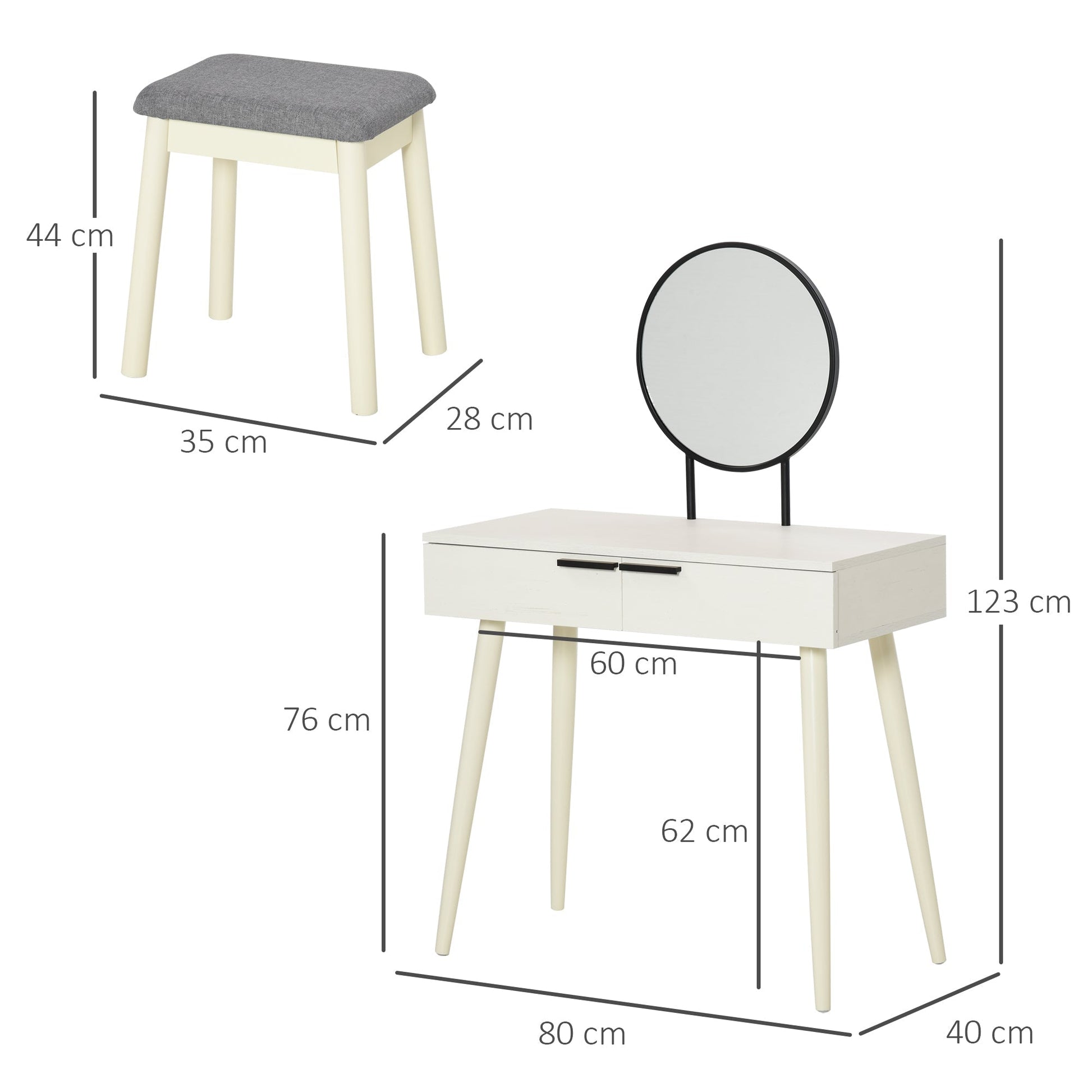 HOMCOM Dressing Table with Mirror and Stool, Vanity Makeup Desk Set with 2 Drawers, Cushioned Stool and Make-up Organizer for Bedroom and Dressing Room, White | Luxury Home Accessories | Heulog Glow