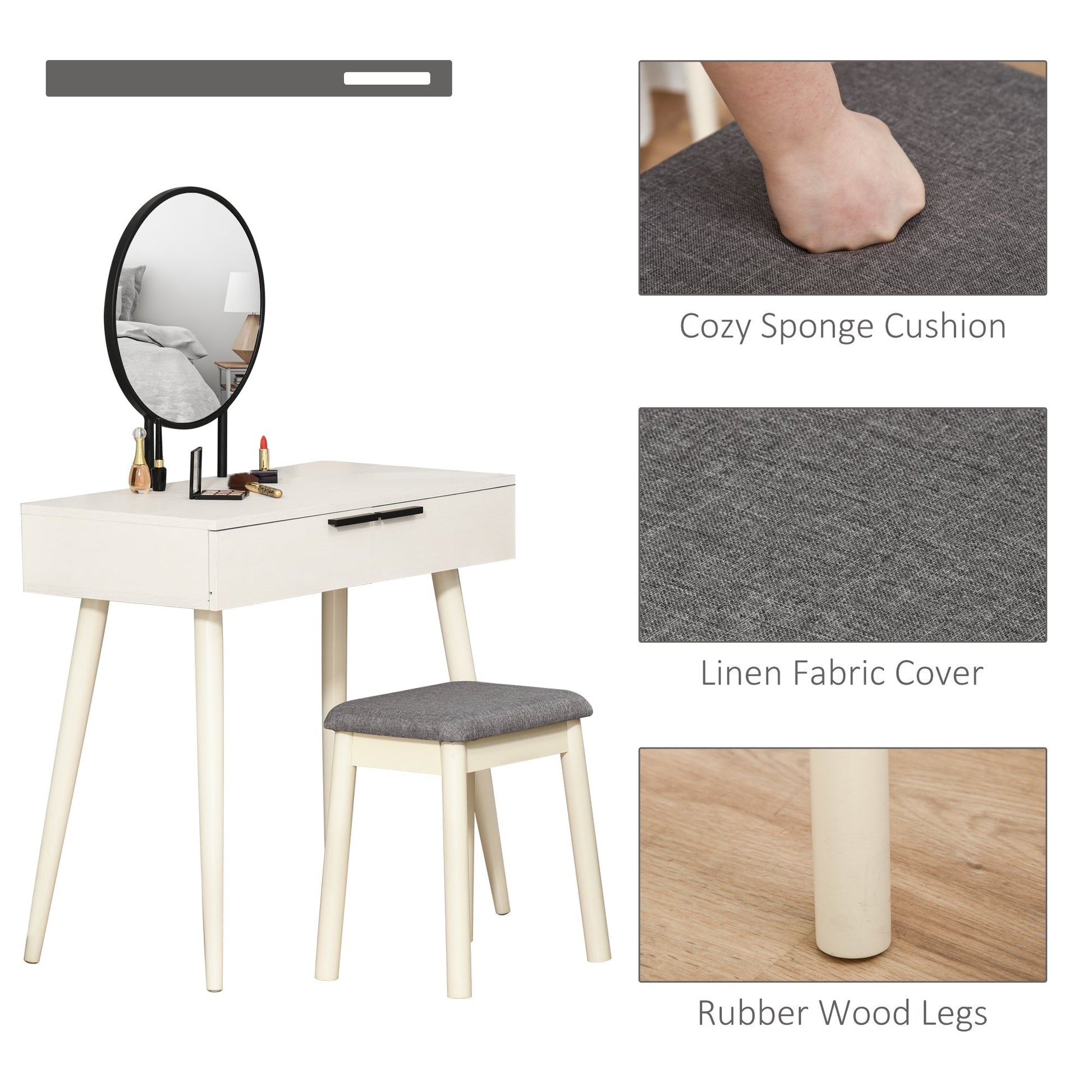 HOMCOM Dressing Table with Mirror and Stool, Vanity Makeup Desk Set with 2 Drawers, Cushioned Stool and Make-up Organizer for Bedroom and Dressing Room, White | Luxury Home Accessories | Heulog Glow