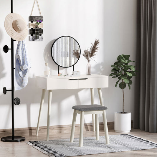 HOMCOM Dressing Table with Mirror and Stool, Vanity Makeup Desk Set with 2 Drawers, Cushioned Stool and Make-up Organizer for Bedroom and Dressing Room, White | Luxury Home Accessories | Heulog Glow