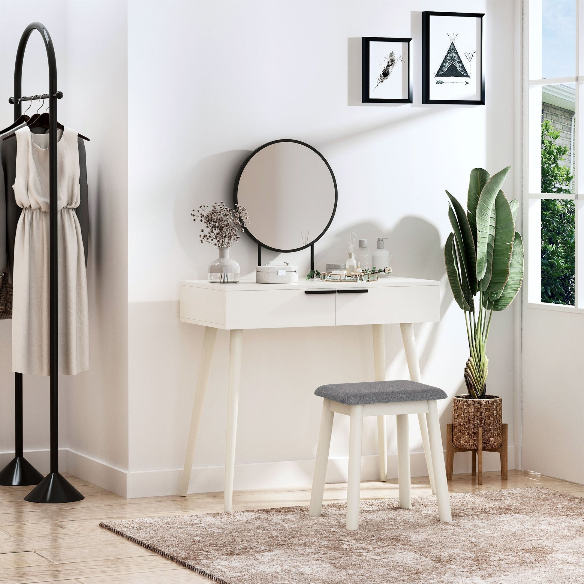 HOMCOM Dressing Table with Mirror and Stool, Vanity Makeup Desk Set with 2 Drawers, Cushioned Stool and Make-up Organizer for Bedroom and Dressing Room, White | Luxury Home Accessories | Heulog Glow