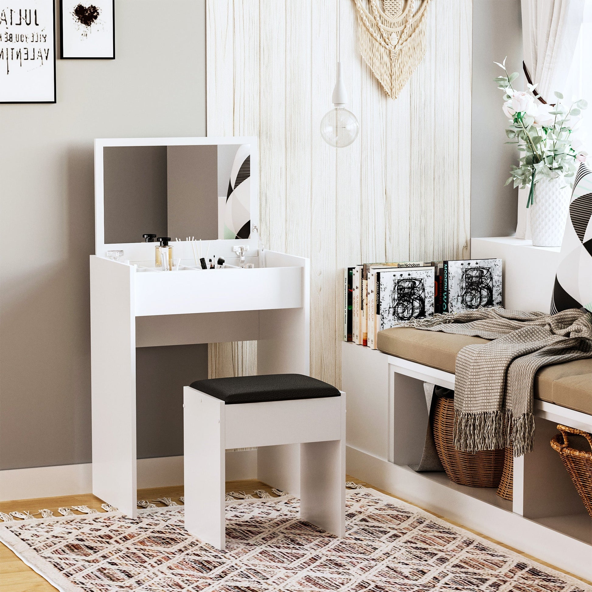 HOMCOM Dressing Table with Mirror and Stool, Vanity Makeup Table with Flip Up Mirror, Vanity Desk with Storage Unit and Padded Seat, White | Luxury Home Accessories | Heulog Glow