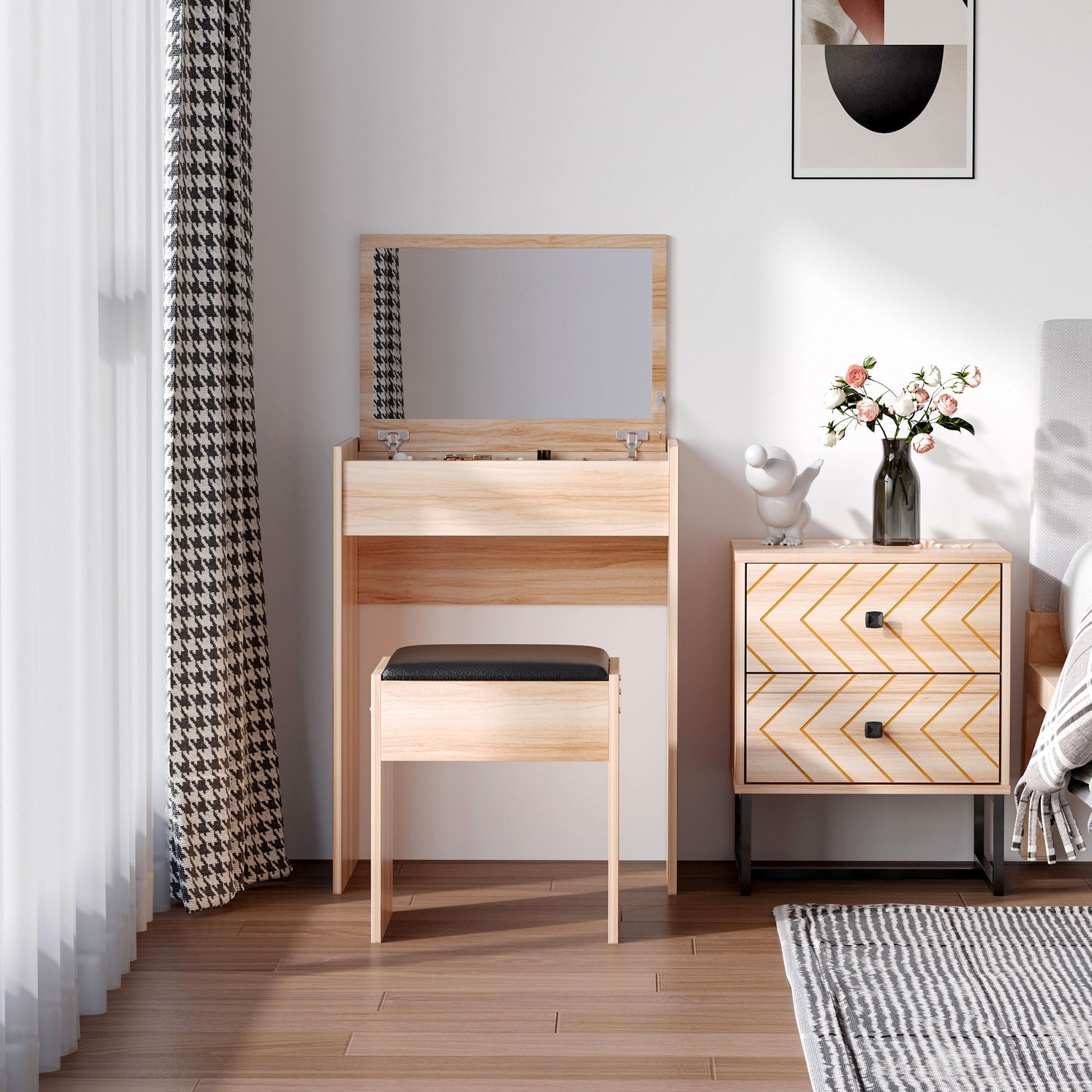 HOMCOM Dressing Table with Mirror and Stool, Vanity Makeup Table with Flip Up Mirror, Vanity Desk with Storage Unit and Padded Seat, Wood | Luxury Home Accessories | Heulog Glow