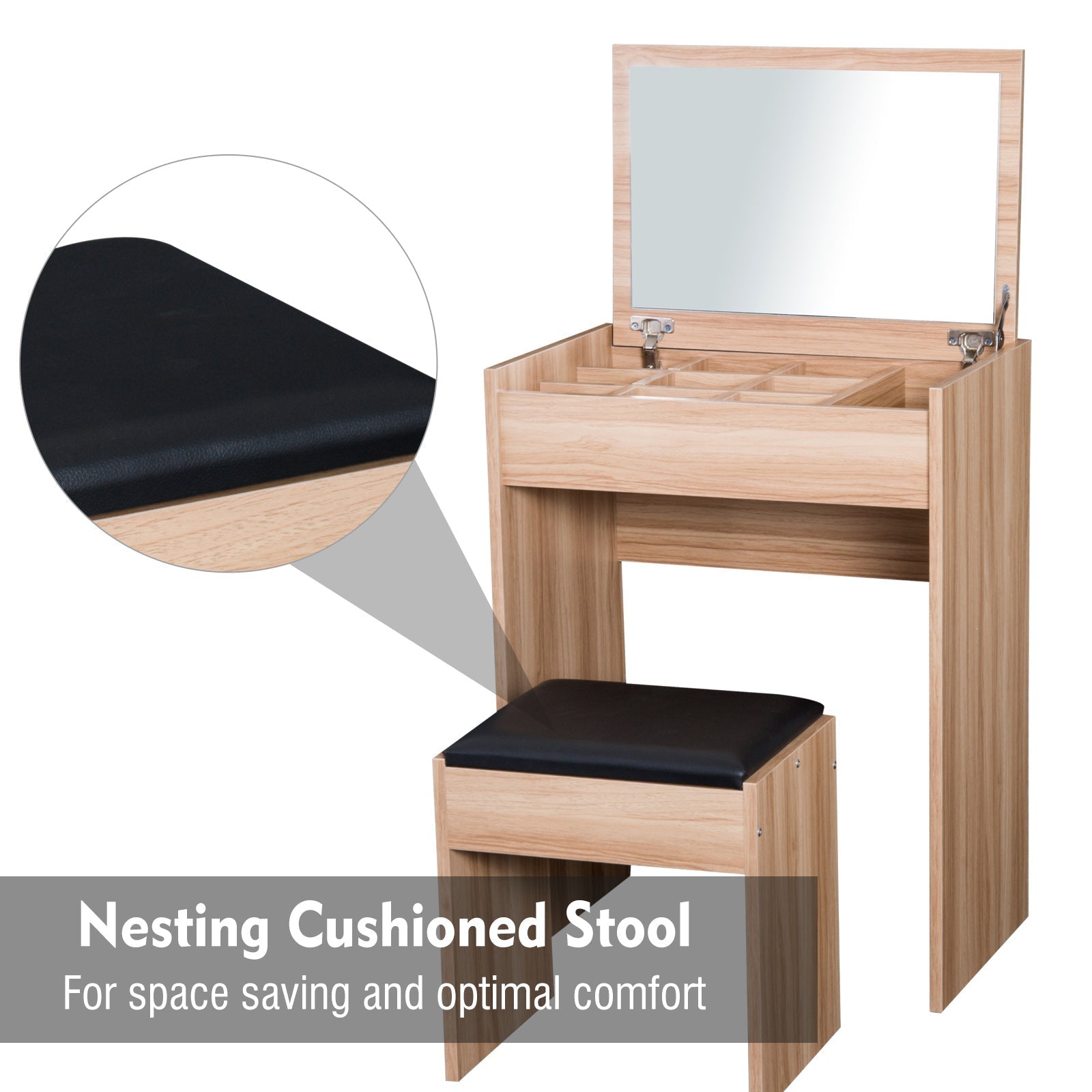 HOMCOM Dressing Table with Mirror and Stool, Vanity Makeup Table with Flip Up Mirror, Vanity Desk with Storage Unit and Padded Seat, Wood | Luxury Home Accessories | Heulog Glow