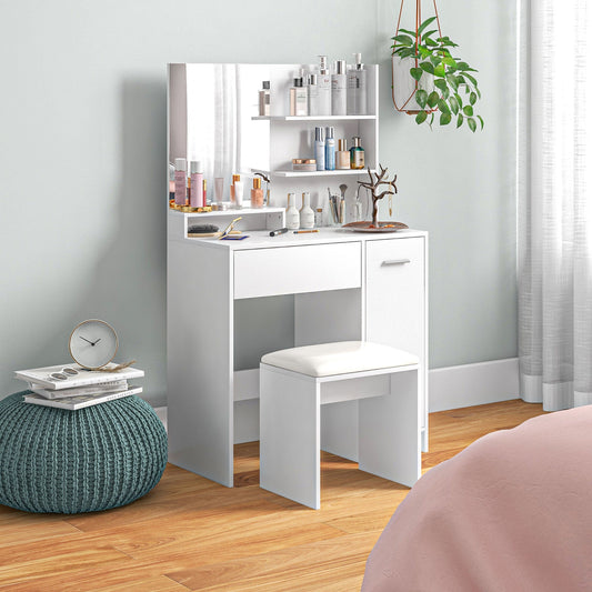 HOMCOM Dressing Table with Mirror and Stool, Vanity Table, Modern Makeup Desk with Drawer, Storage Cabinet and Adjustable Shelf for Bedroom, White | Luxury Home Accessories | Heulog Glow