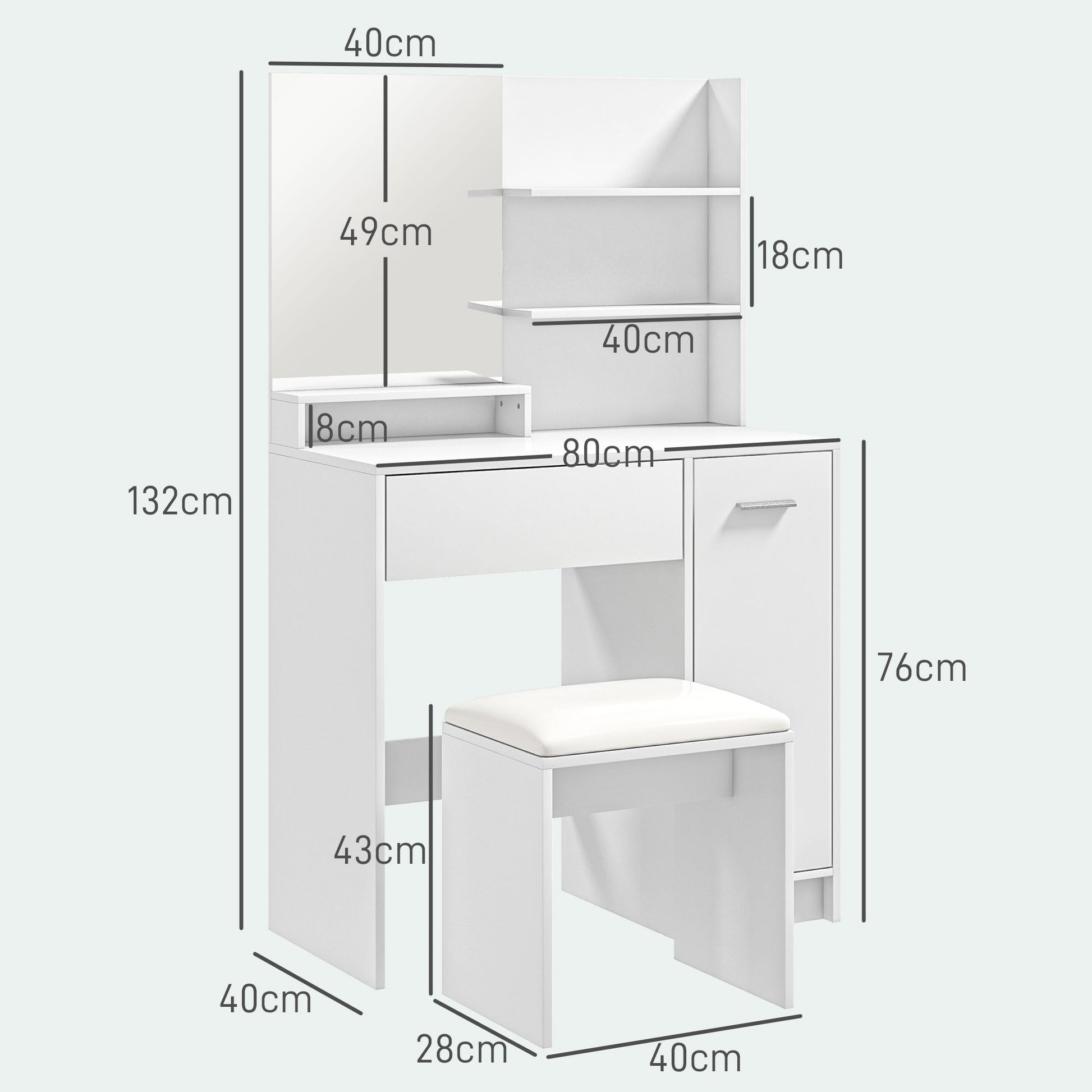 HOMCOM Dressing Table with Mirror and Stool, Vanity Table, Modern Makeup Desk with Drawer, Storage Cabinet and Adjustable Shelf for Bedroom, White | Luxury Home Accessories | Heulog Glow