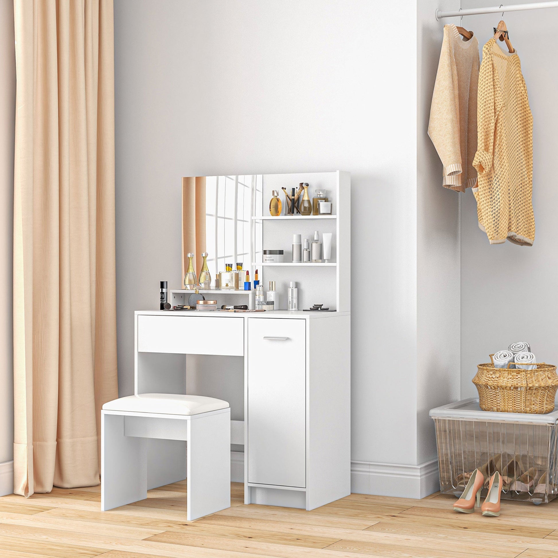 HOMCOM Dressing Table with Mirror and Stool, Vanity Table, Modern Makeup Desk with Drawer, Storage Cabinet and Adjustable Shelf for Bedroom, White | Luxury Home Accessories | Heulog Glow