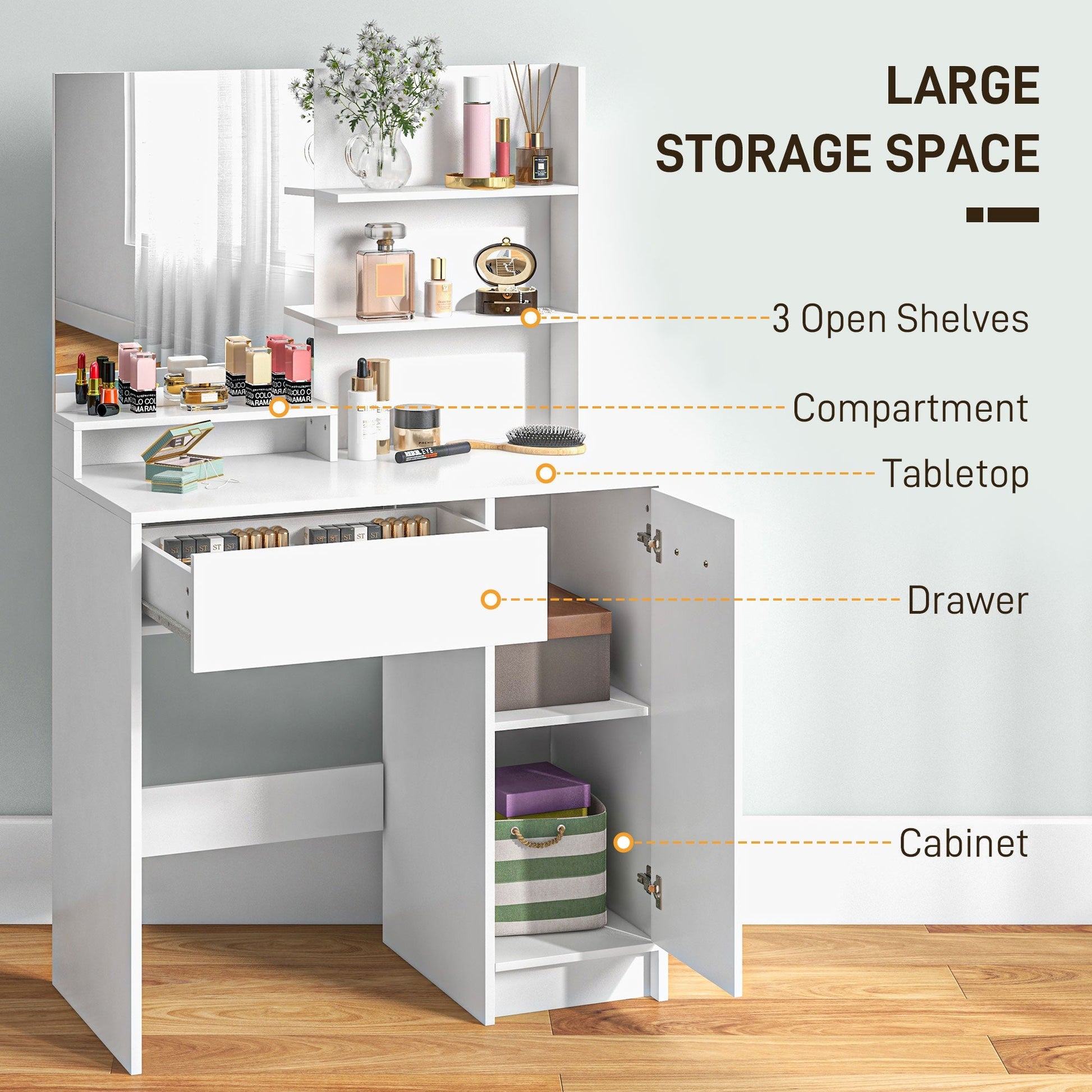 HOMCOM Dressing Table with Mirror and Stool, Vanity Table, Modern Makeup Desk with Drawer, Storage Cabinet and Adjustable Shelf for Bedroom, White | Luxury Home Accessories | Heulog Glow