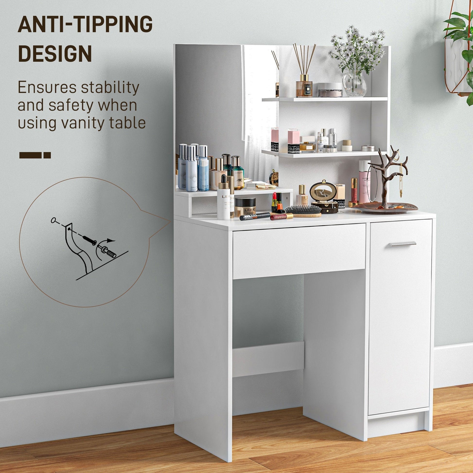 HOMCOM Dressing Table with Mirror and Stool, Vanity Table, Modern Makeup Desk with Drawer, Storage Cabinet and Adjustable Shelf for Bedroom, White | Luxury Home Accessories | Heulog Glow