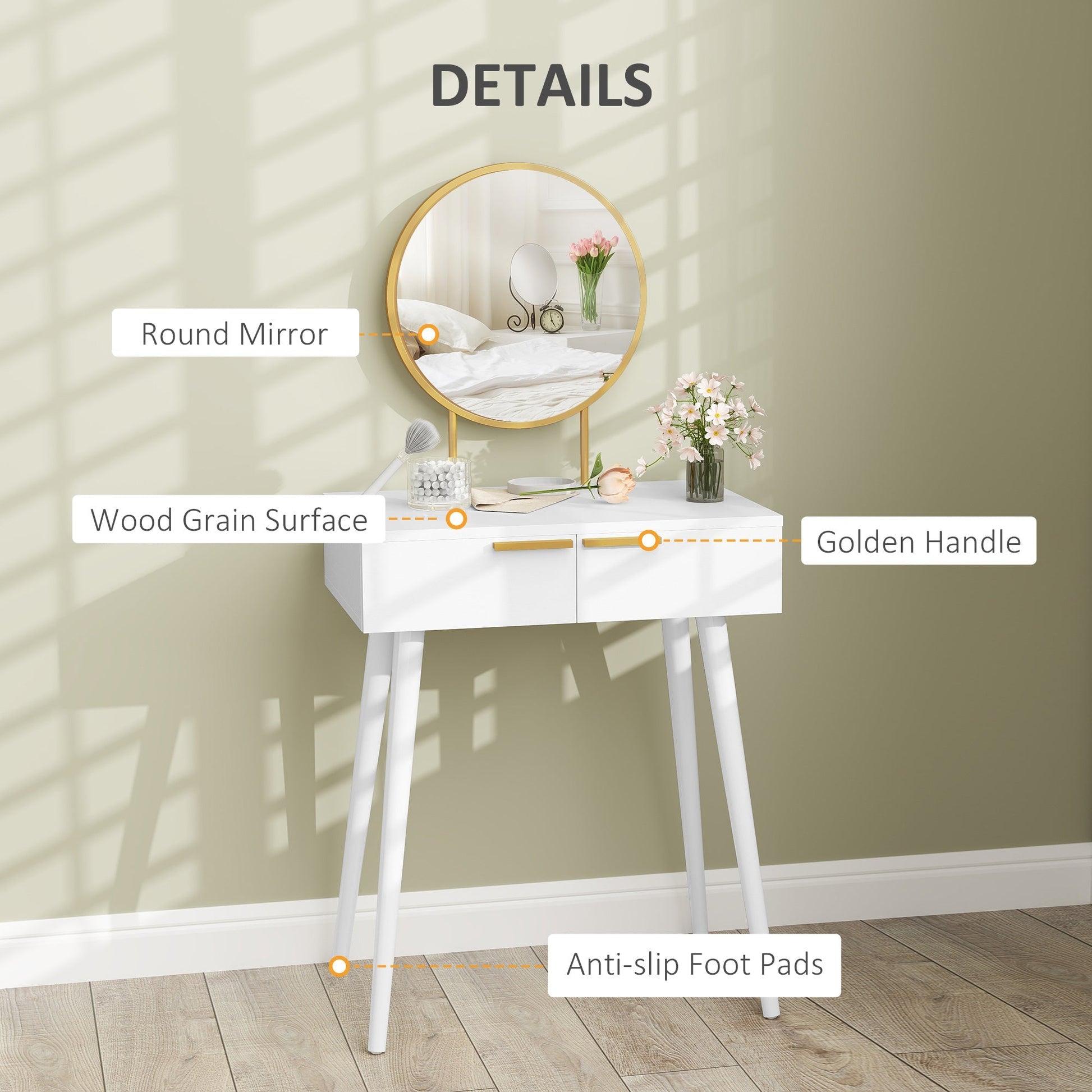 HOMCOM Dressing Table with Round Mirror - White | Luxury Home Accessories | Heulog Glow