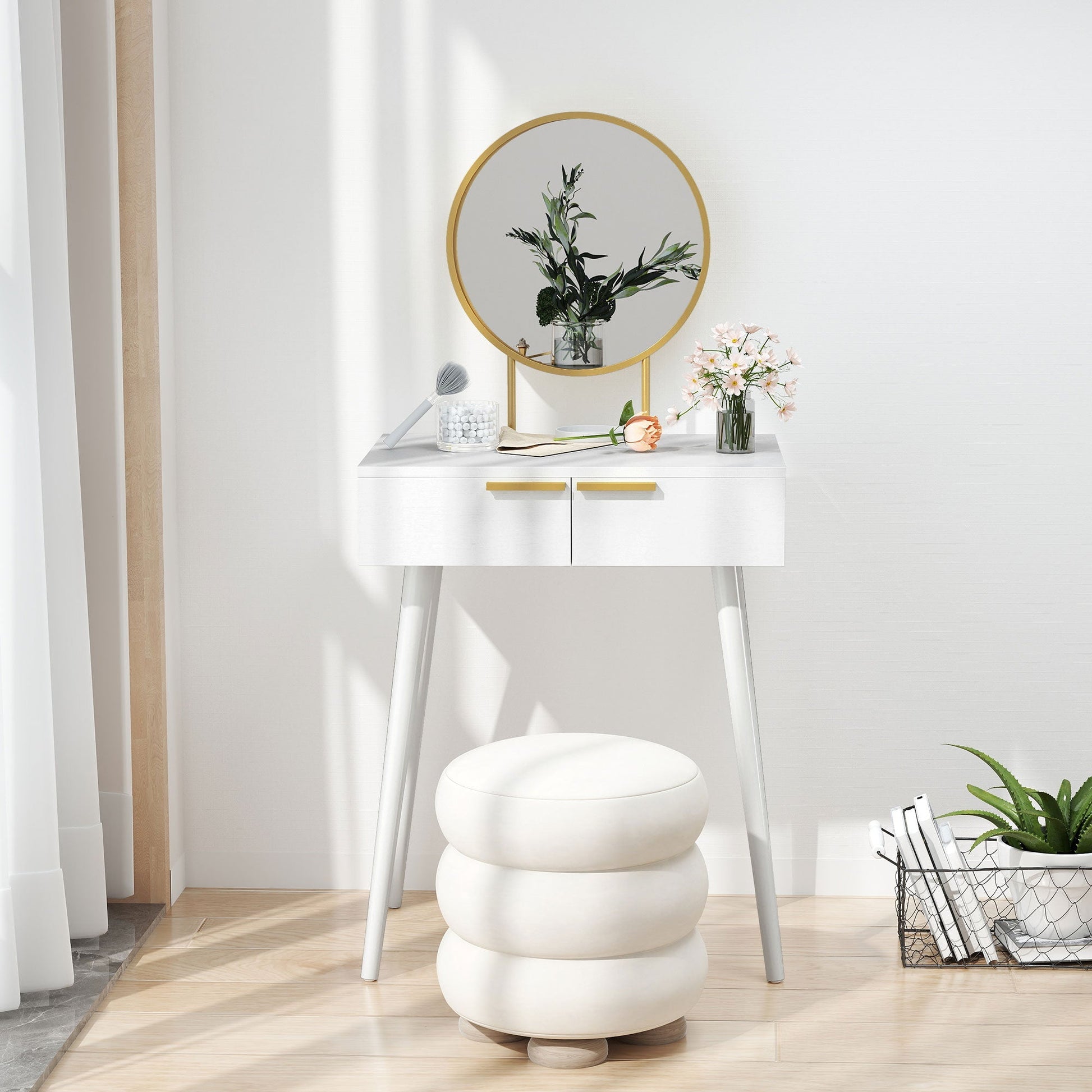 HOMCOM Dressing Table with Round Mirror - White | Luxury Home Accessories | Heulog Glow
