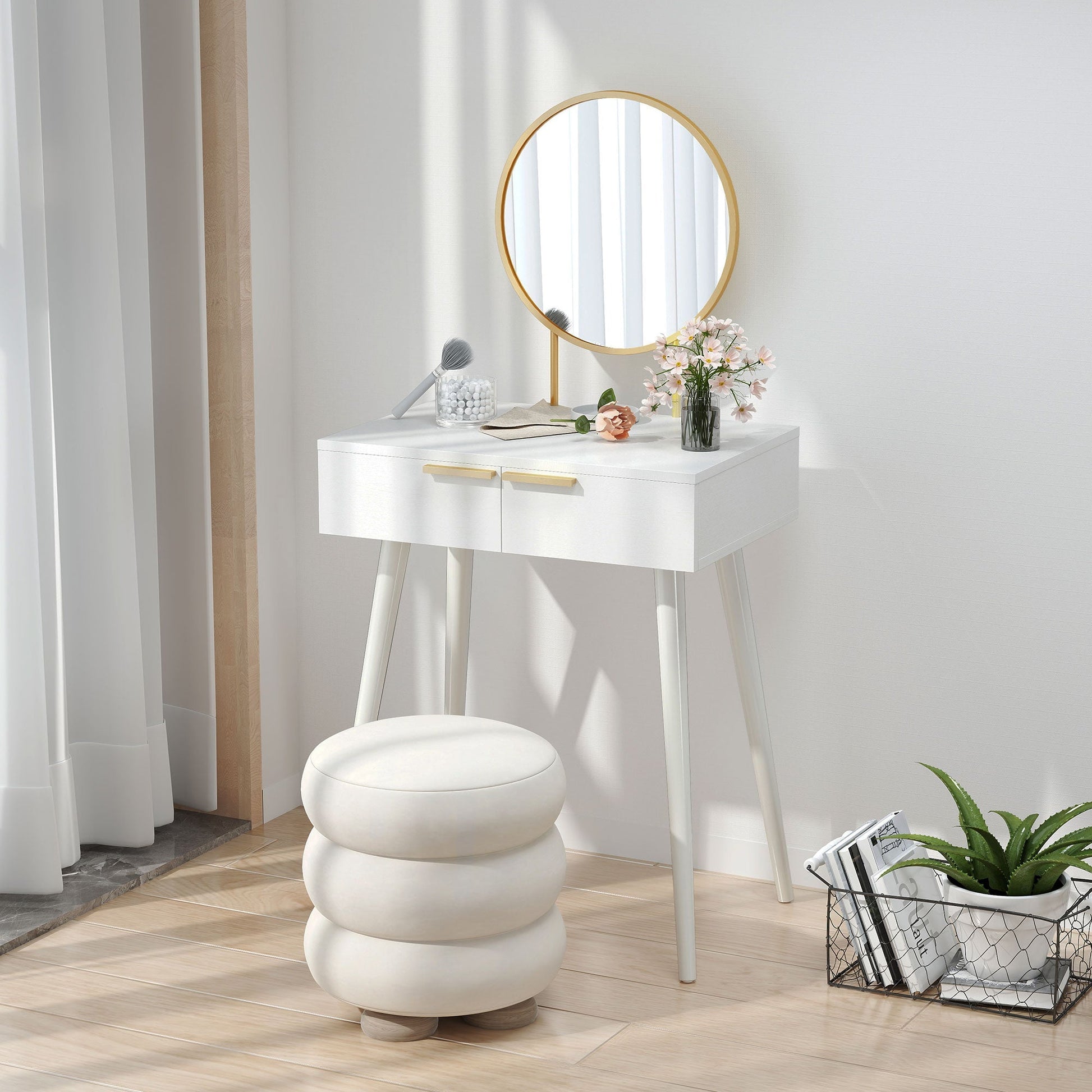 HOMCOM Dressing Table with Round Mirror - White | Luxury Home Accessories | Heulog Glow