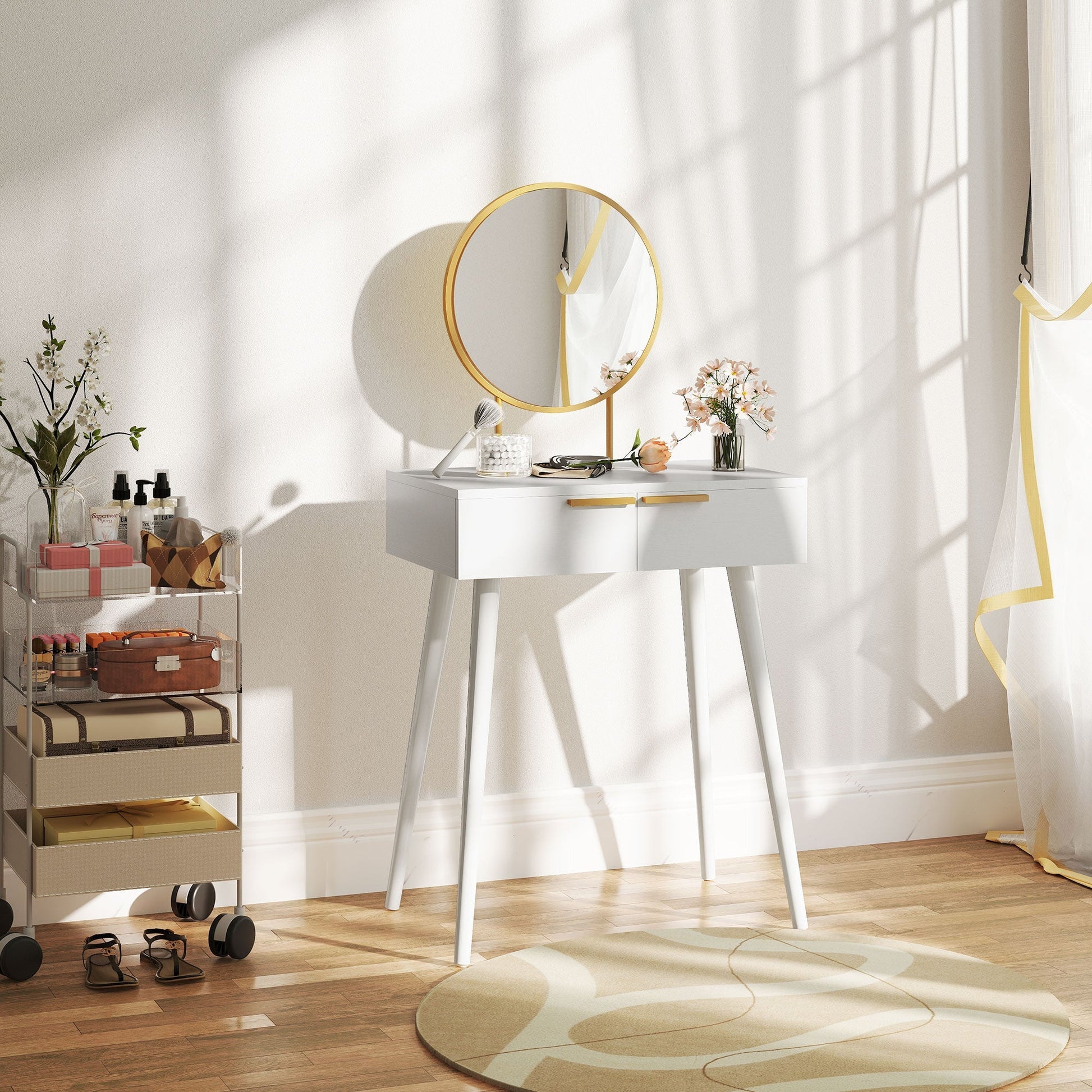 HOMCOM Dressing Table with Round Mirror - White | Luxury Home Accessories | Heulog Glow
